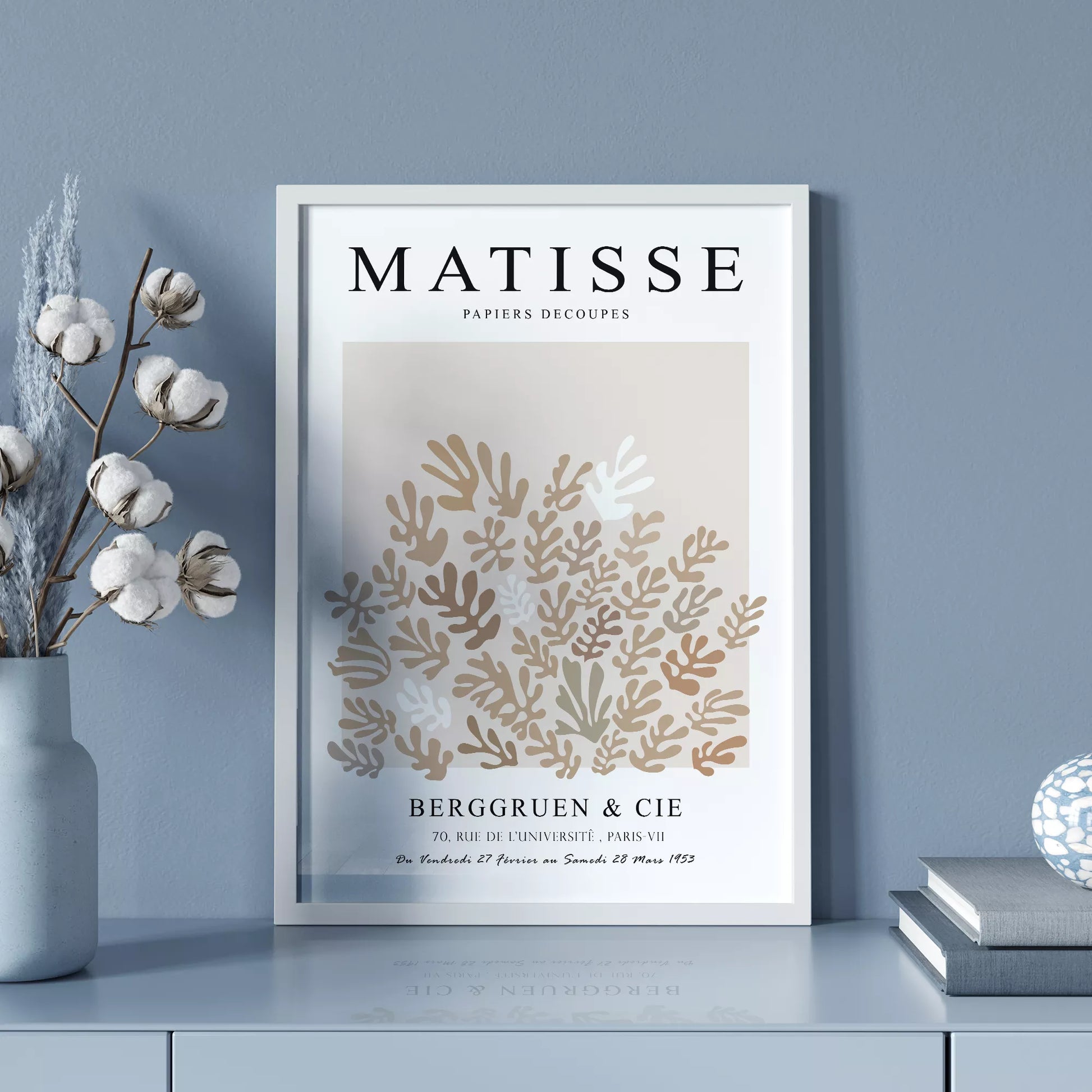 マティス風抽象的な植物モチーフポスター、ベージュトーンのモダンなデザイン