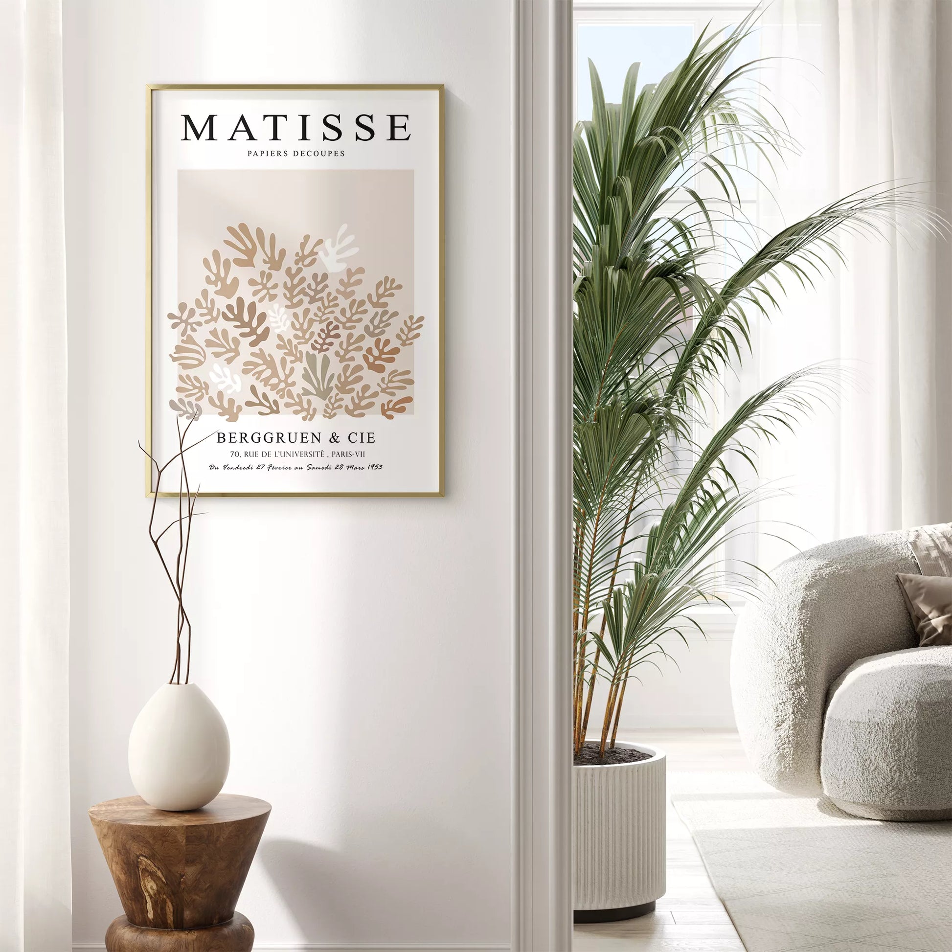 マティス風抽象的な植物モチーフポスター、ベージュトーンのモダンなデザイン
