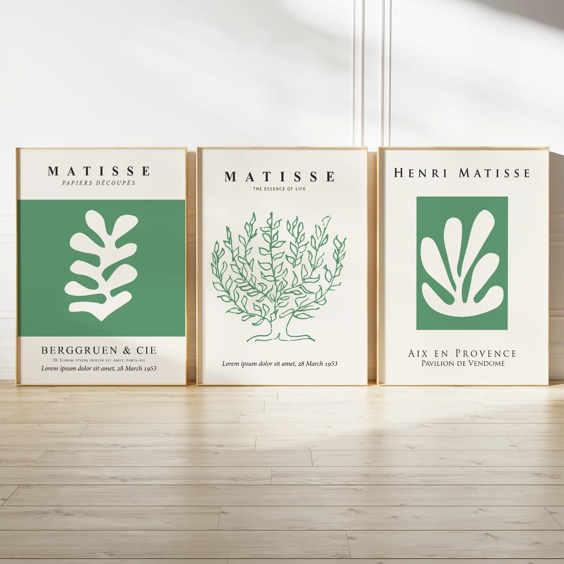 マティス風グリーンボタニカルの北欧ミニマリストアートポスター 3枚セット