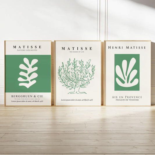 マティス風グリーンボタニカルの北欧ミニマリストアートポスター 3枚セット