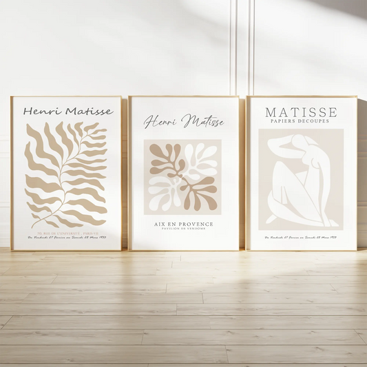 ベージュボタニカルとフィギュアのマティス風アートポスター 北欧ミニマル 3枚セット