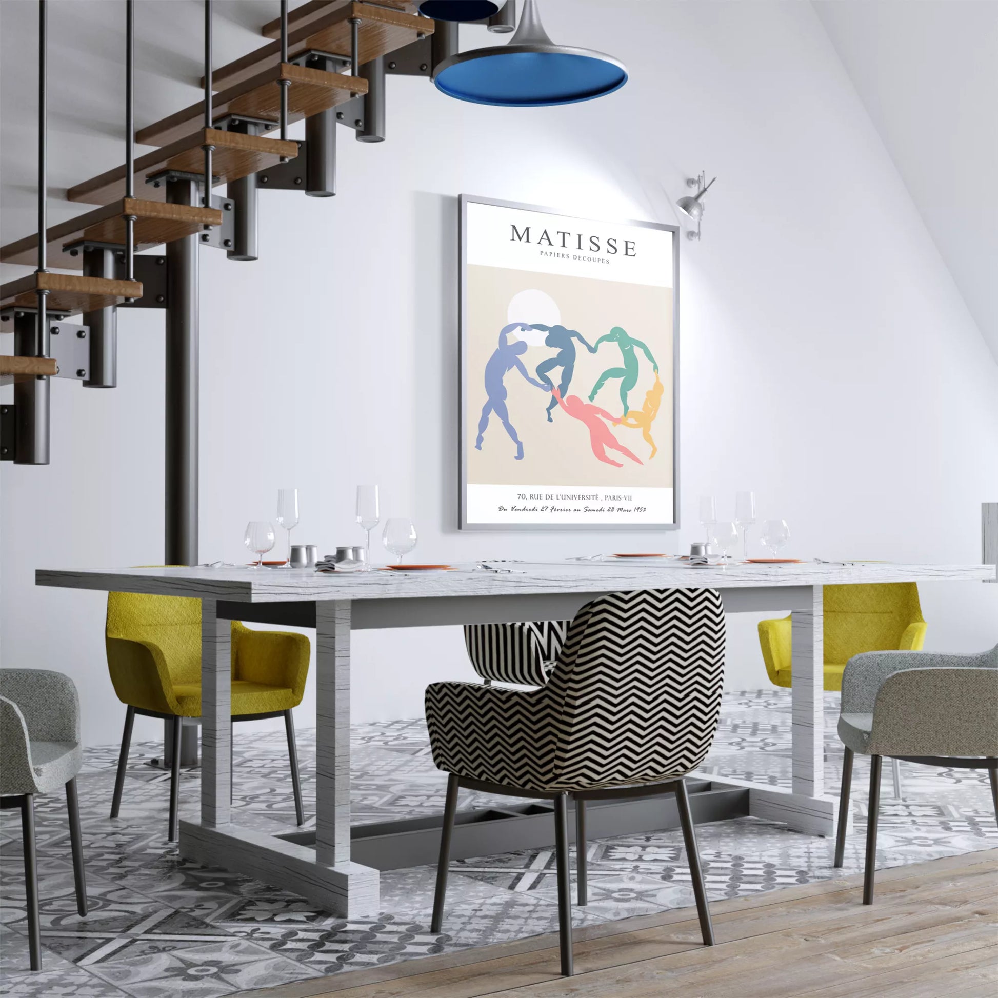 マティスのダンスをモチーフにしたペーパーカット作品。パステルカラーの踊る人物のシルエット