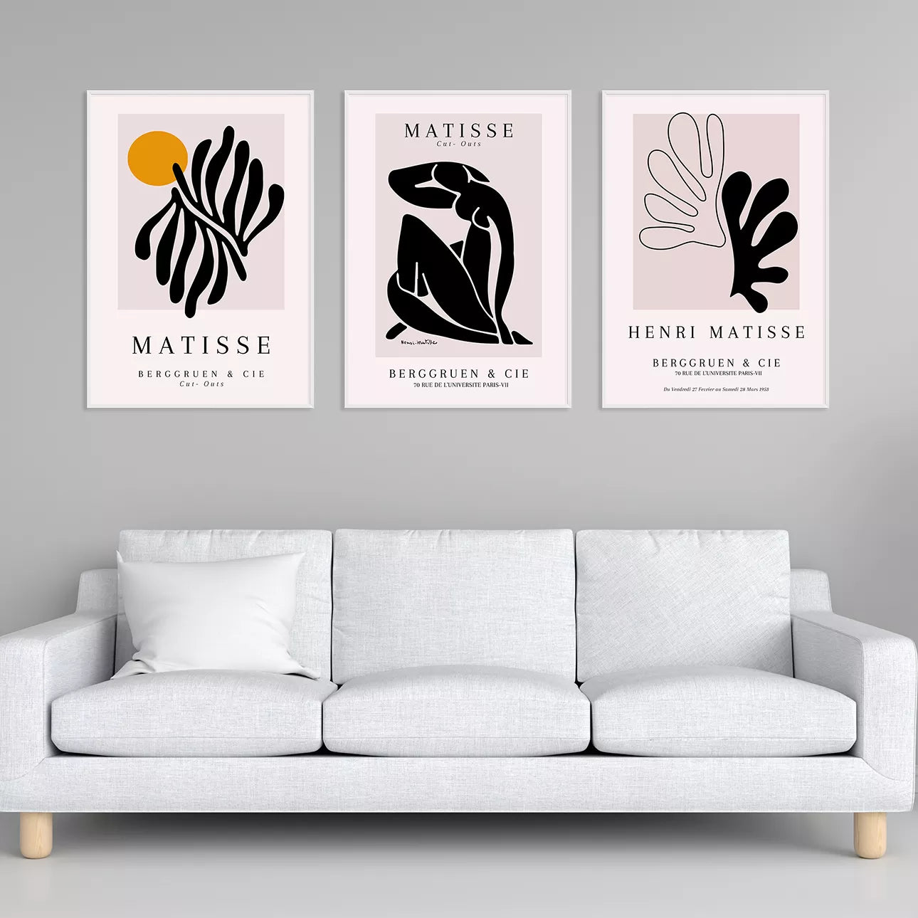マティス展覧会ポスター3点セット、モノクロームデザイン、抽象的な植物モチーフ