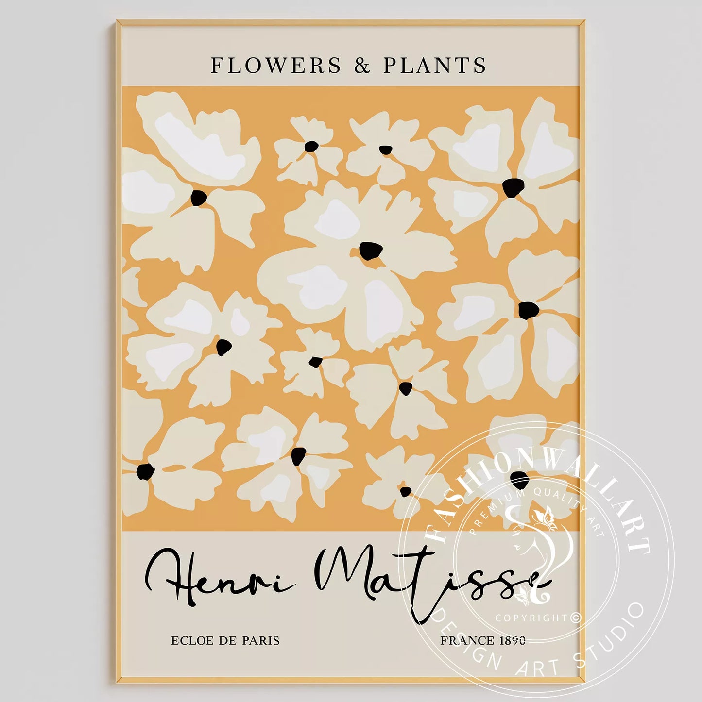 マティス風白い花柄アートプリント、オレンジ背景の北欧モダンデザイン