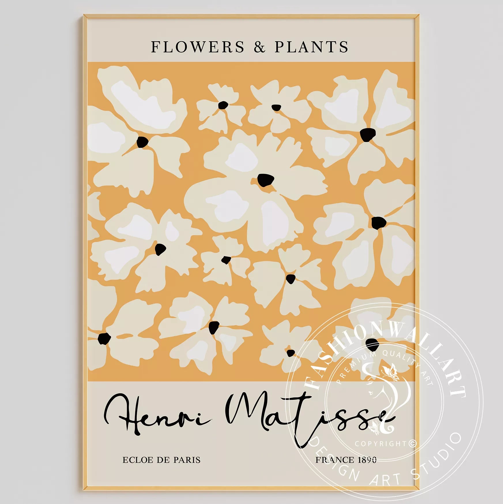 マティス風白い花柄アートプリント、オレンジ背景の北欧モダンデザイン