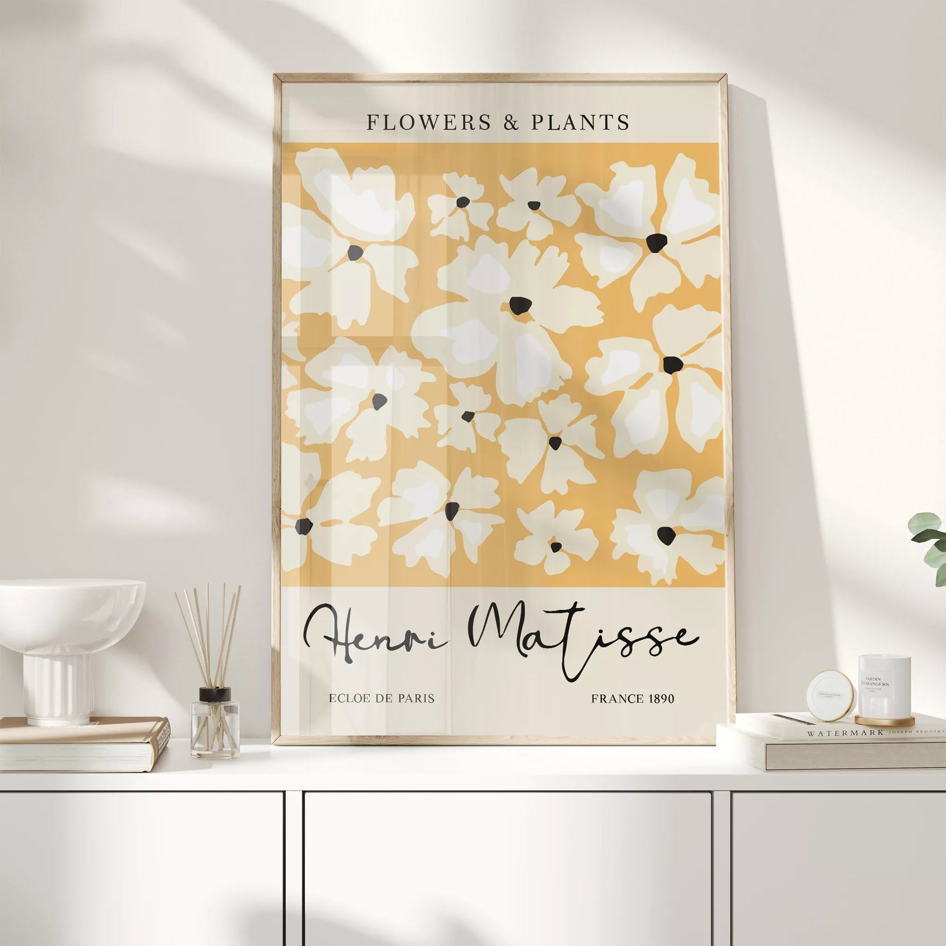 マティス風白い花柄アートプリント、オレンジ背景の北欧モダンデザイン