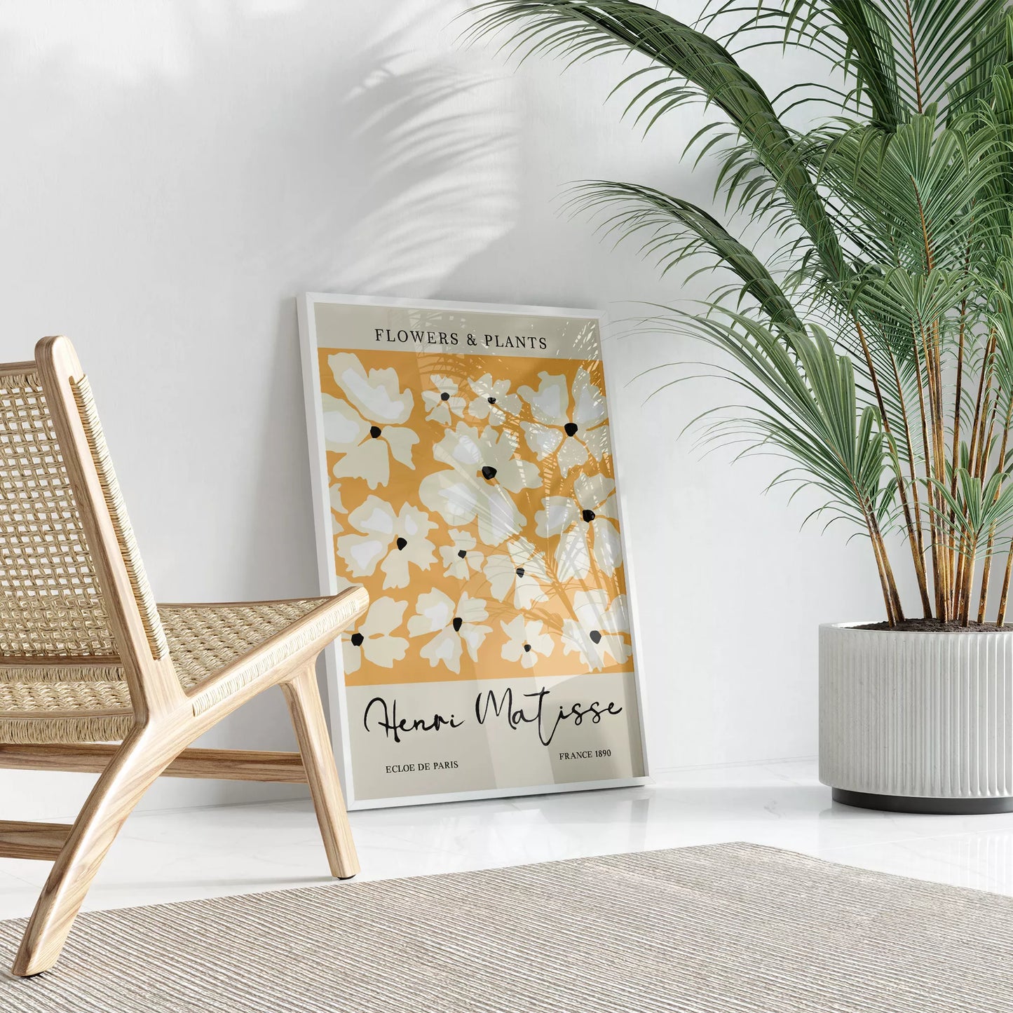 マティス風白い花柄アートプリント、オレンジ背景の北欧モダンデザイン