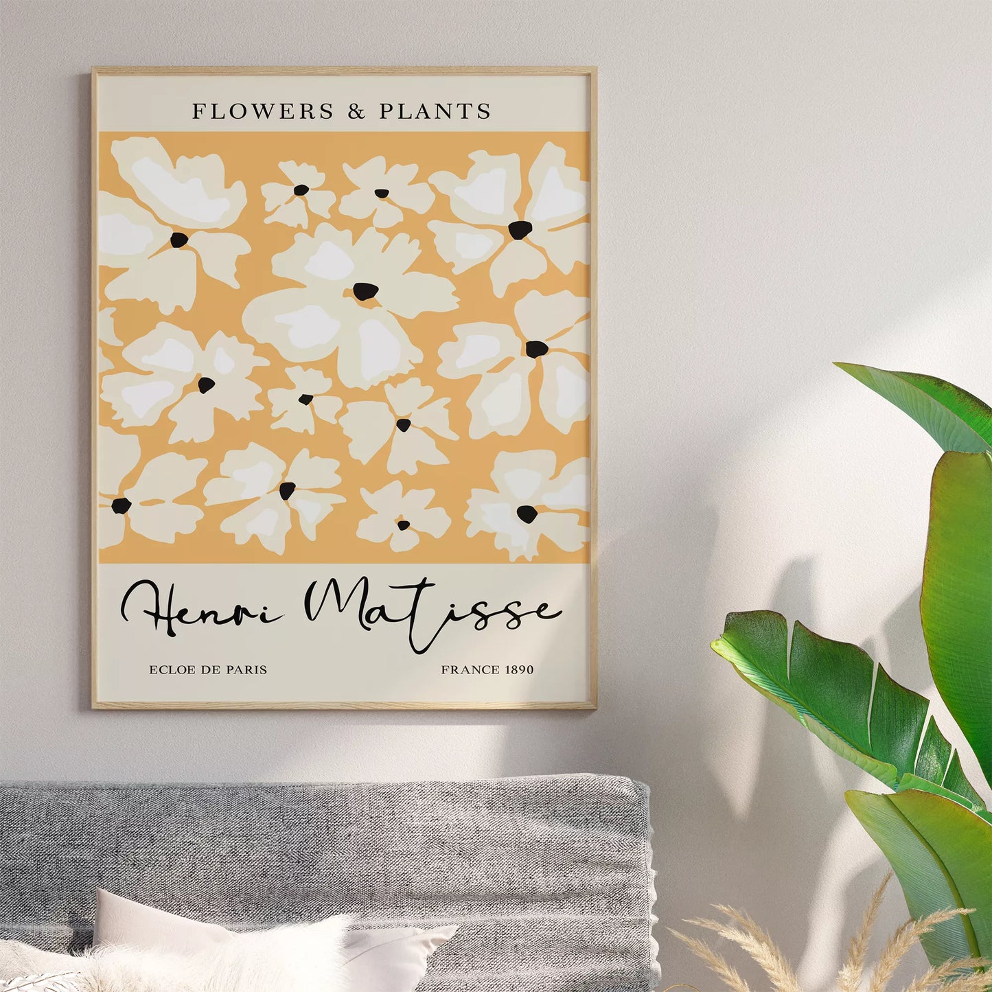 マティス風白い花柄アートプリント、オレンジ背景の北欧モダンデザイン