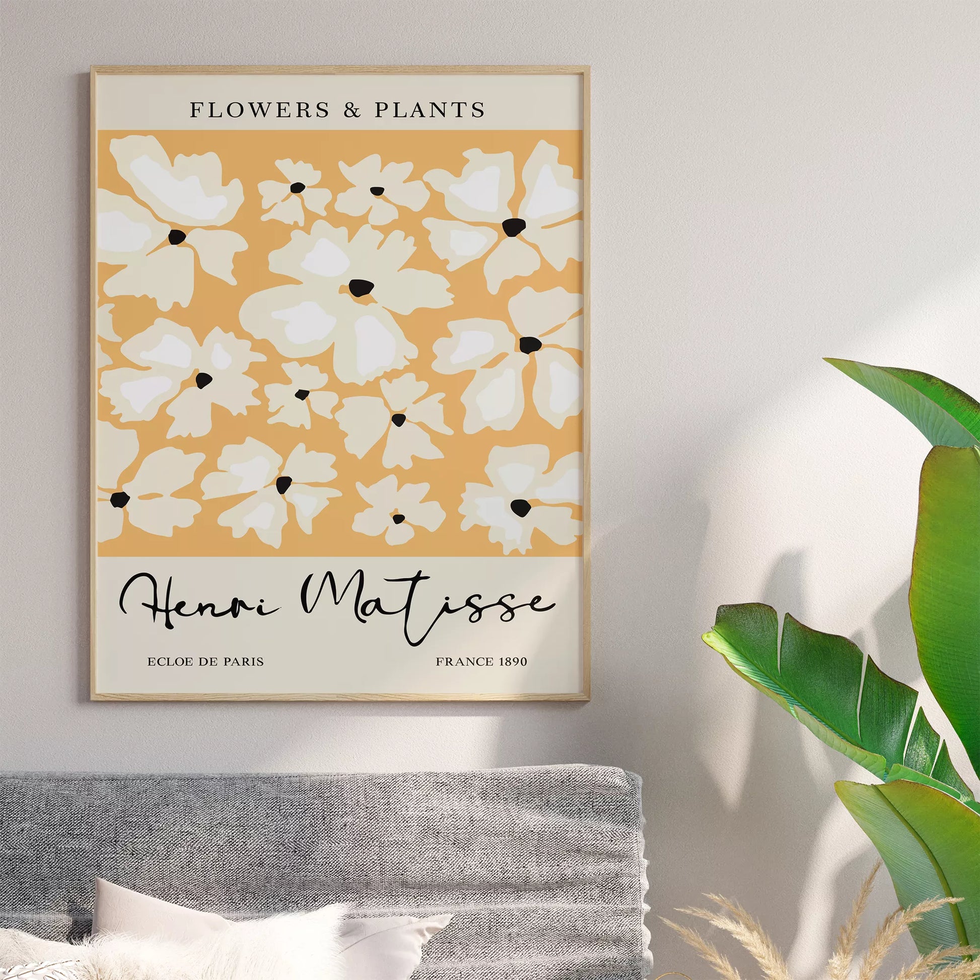 マティス風白い花柄アートプリント、オレンジ背景の北欧モダンデザイン