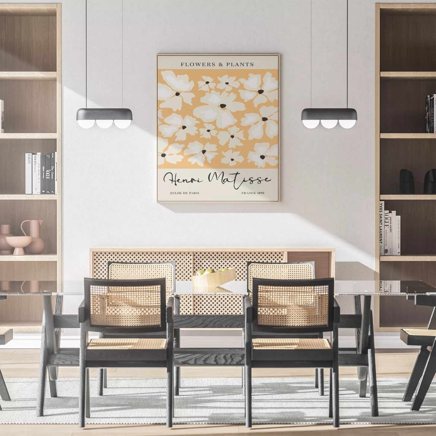 マティス風白い花柄アートプリント、オレンジ背景の北欧モダンデザイン