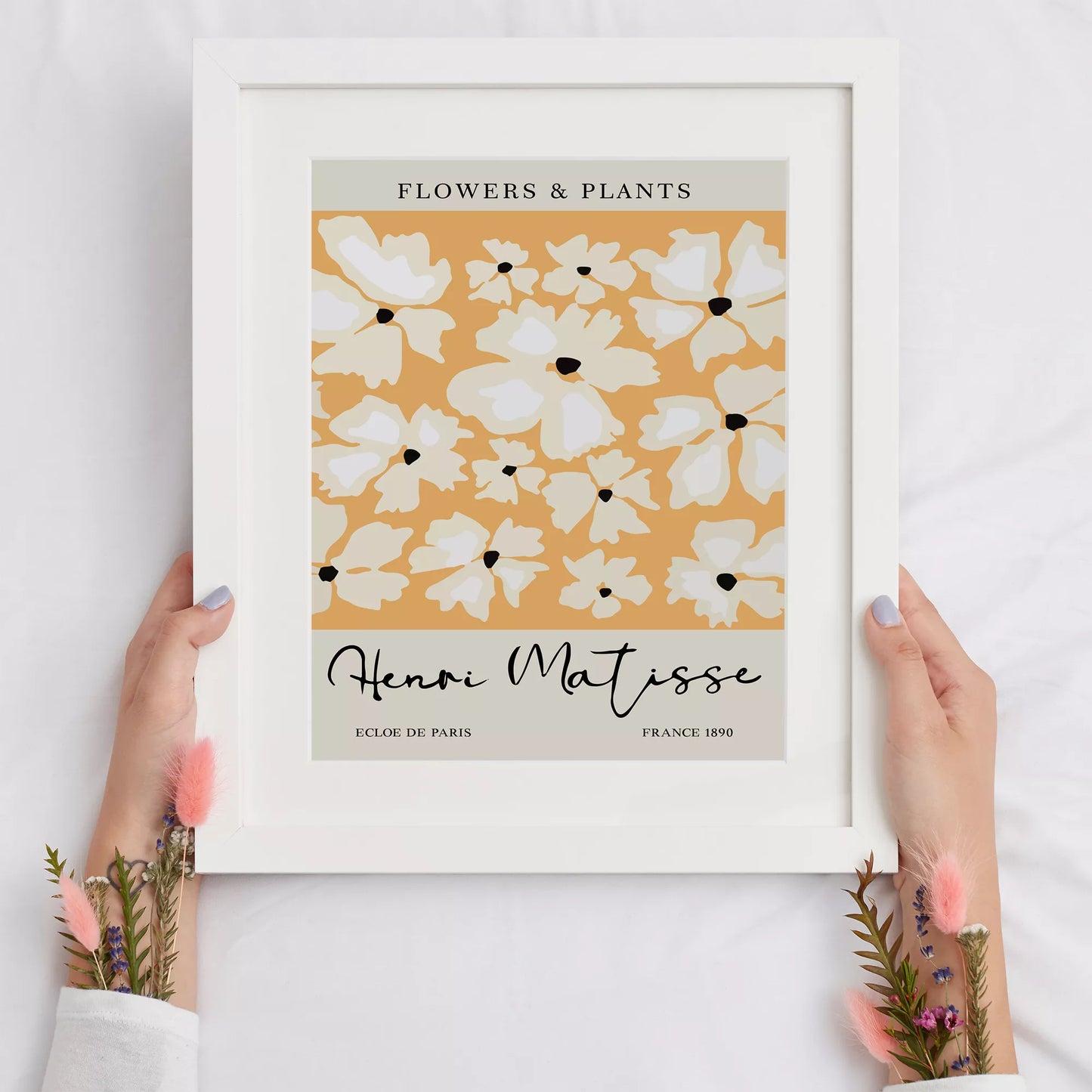 マティス風白い花柄アートプリント、オレンジ背景の北欧モダンデザイン