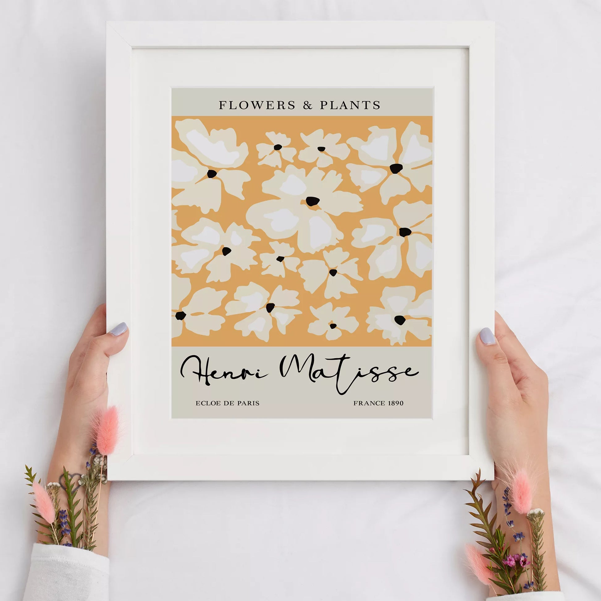 マティス風白い花柄アートプリント、オレンジ背景の北欧モダンデザイン