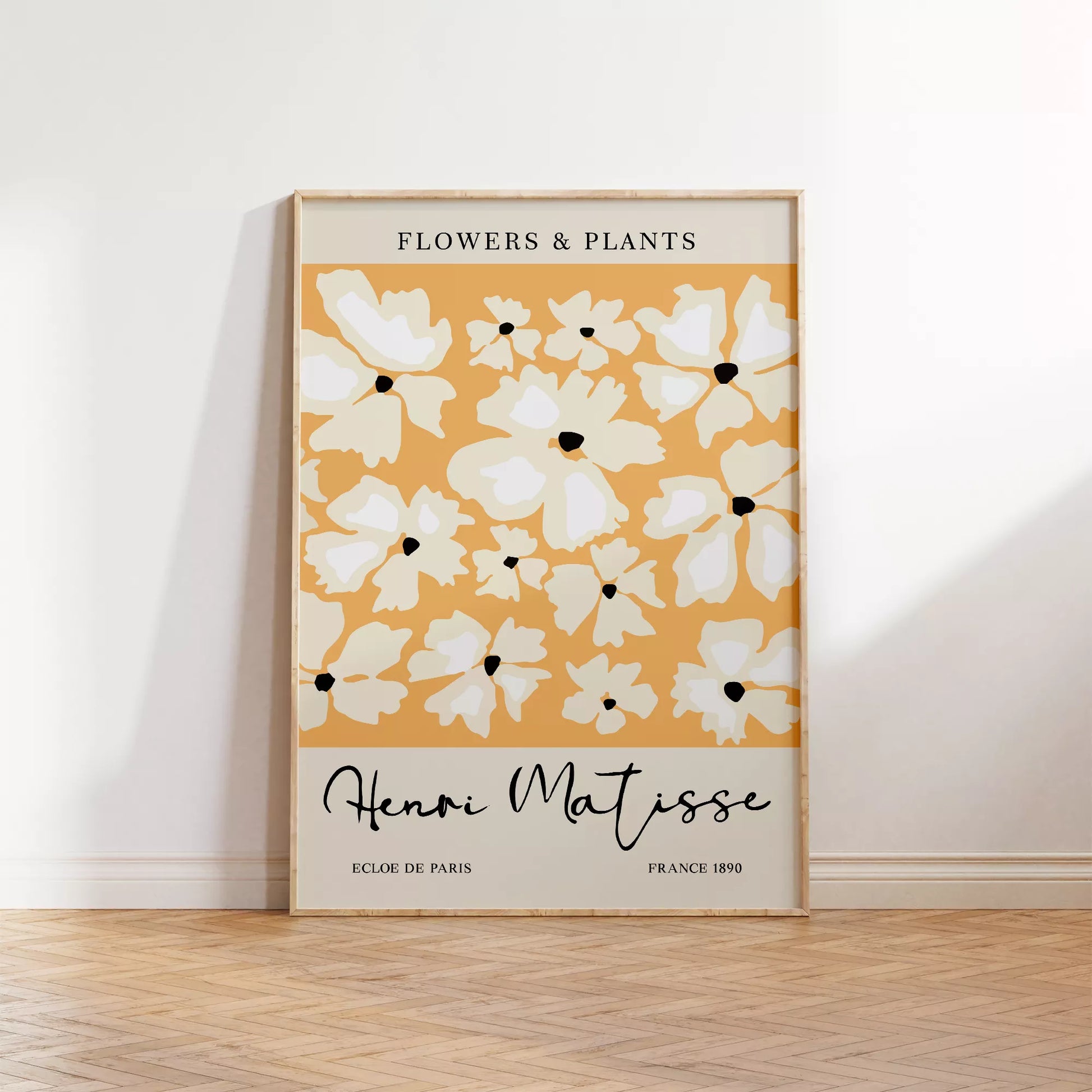 マティス風白い花柄アートプリント、オレンジ背景の北欧モダンデザイン