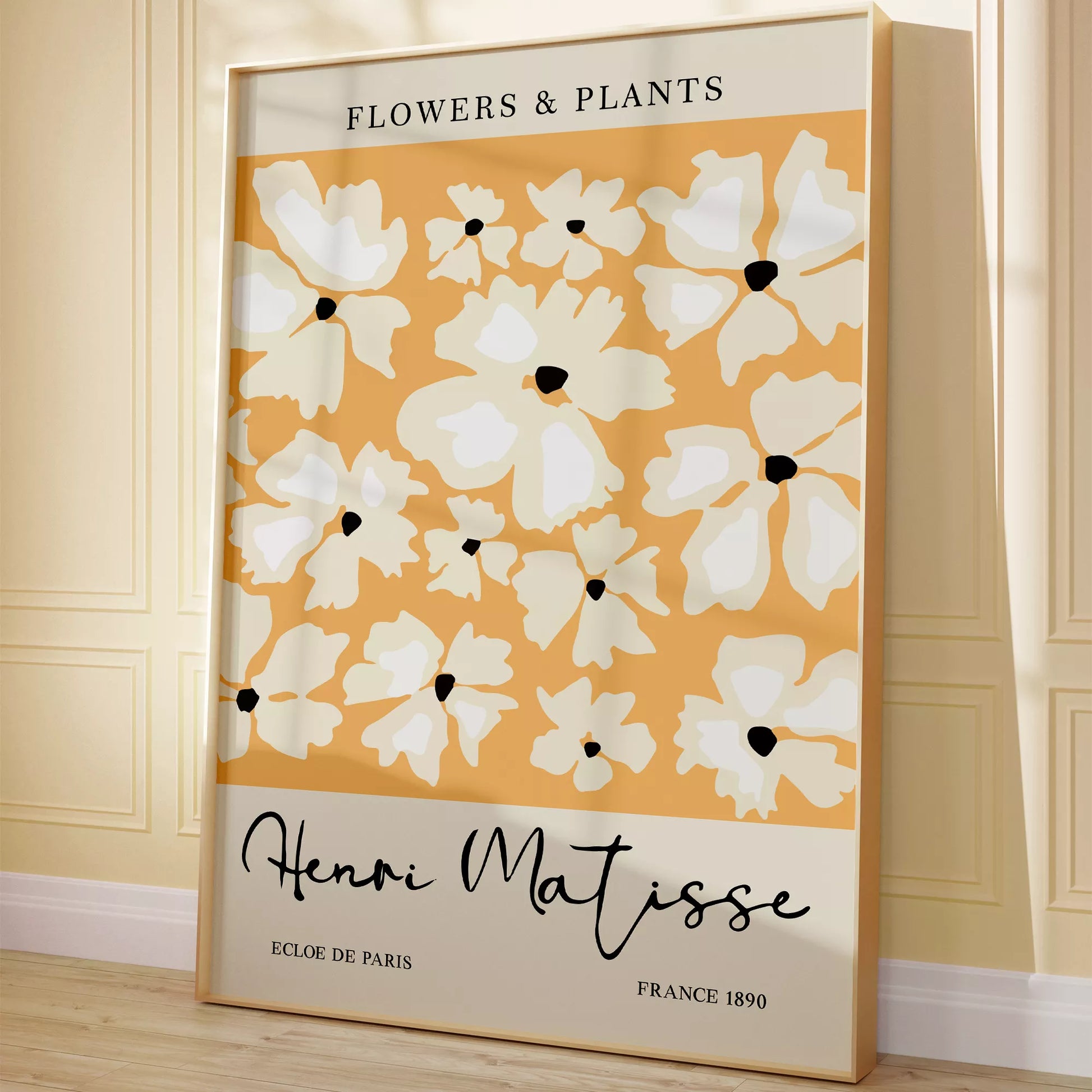 マティス風白い花柄アートプリント、オレンジ背景の北欧モダンデザイン