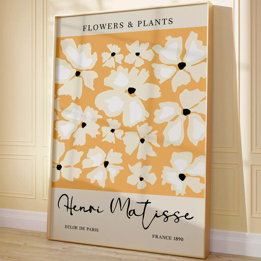マティス風白い花柄アートプリント、オレンジ背景の北欧モダンデザイン