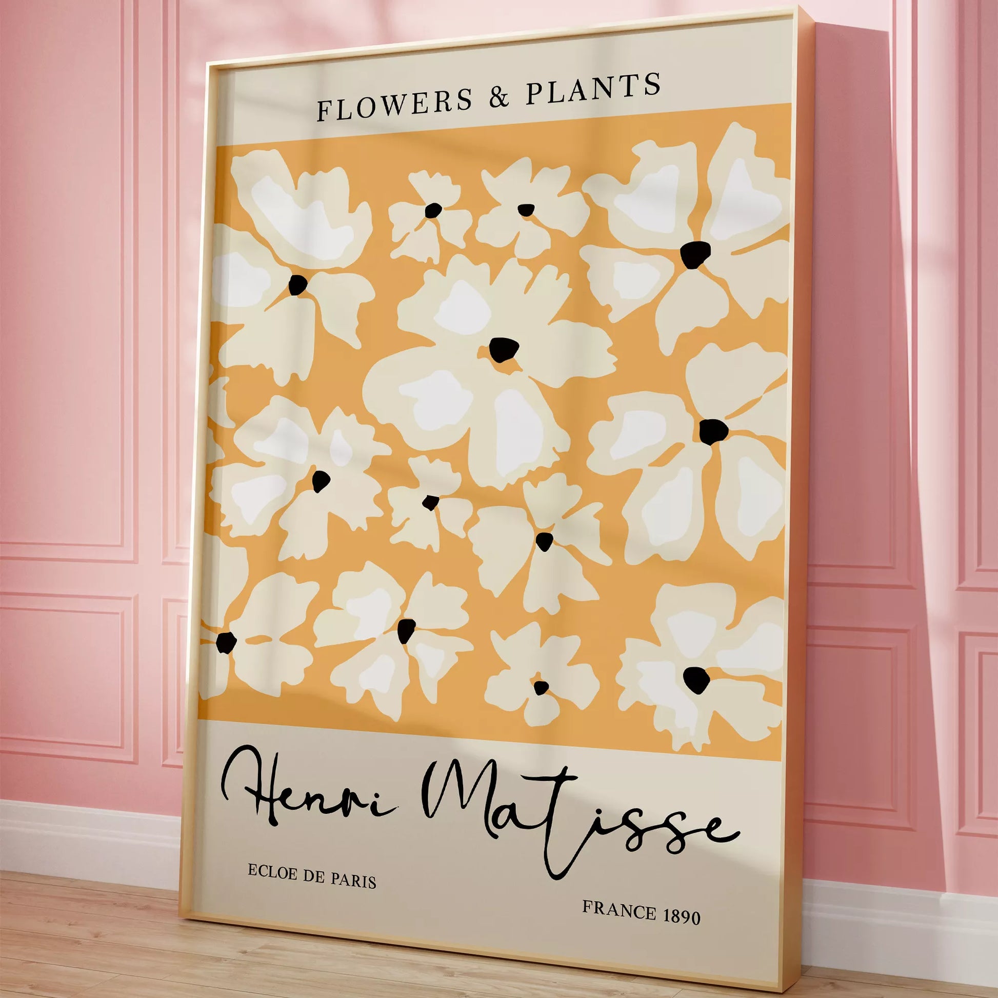 マティス風白い花柄アートプリント、オレンジ背景の北欧モダンデザイン