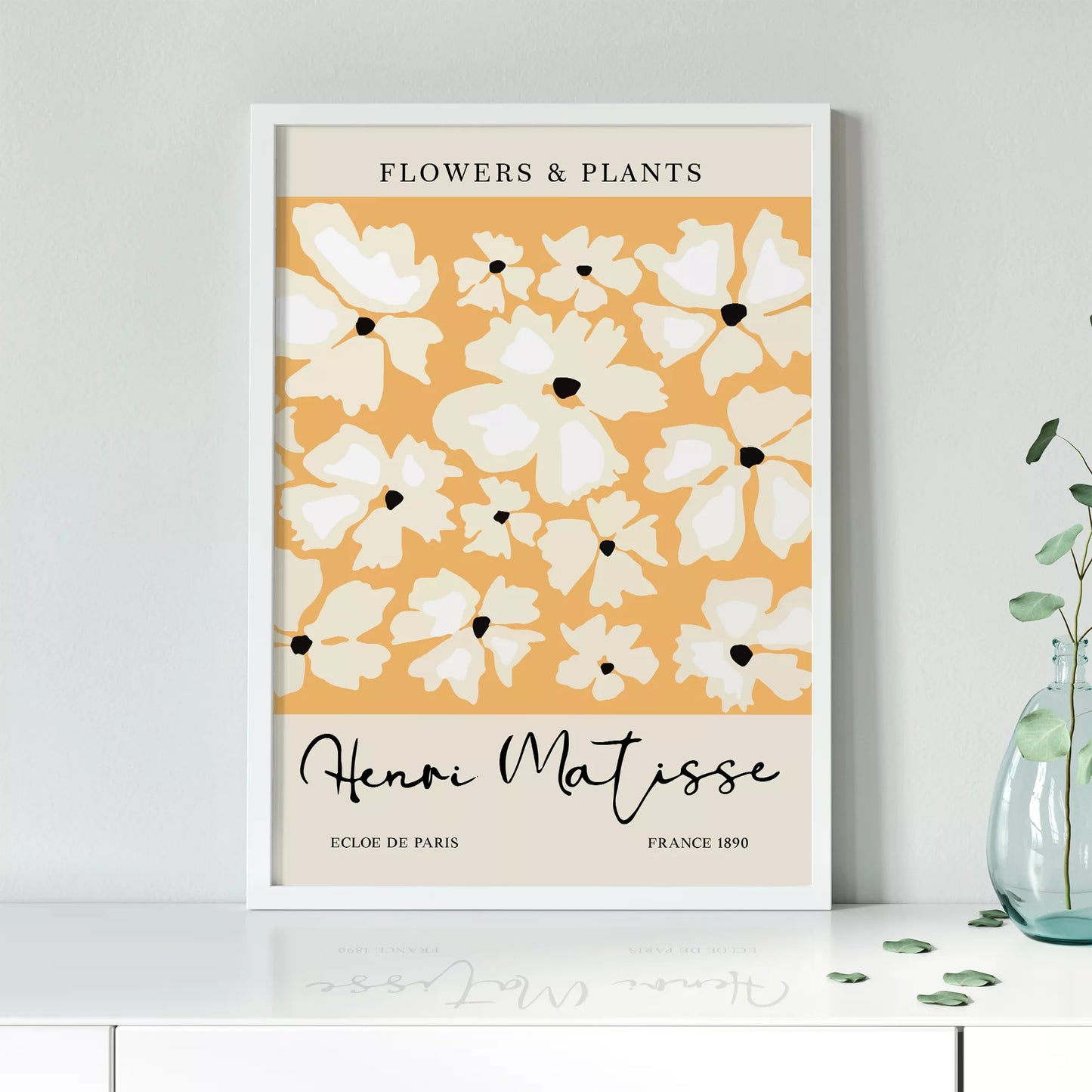 マティス風白い花柄アートプリント、オレンジ背景の北欧モダンデザイン