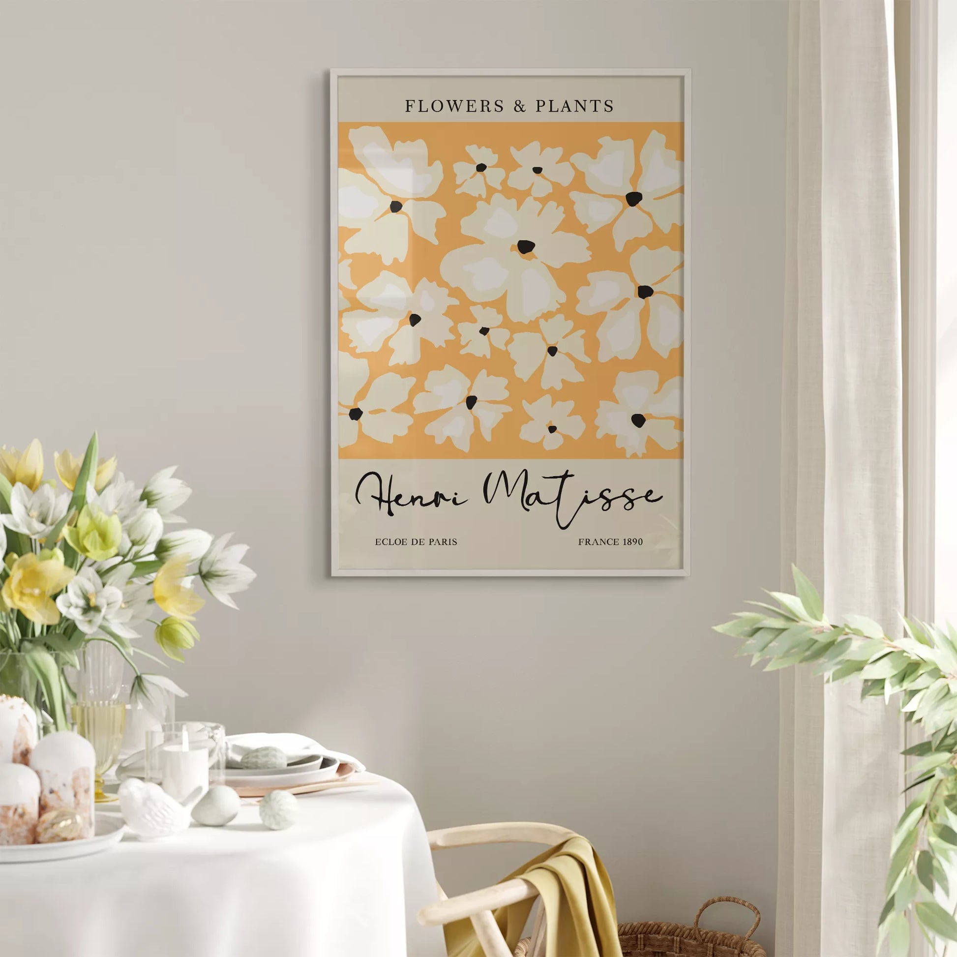 マティス風白い花柄アートプリント、オレンジ背景の北欧モダンデザイン