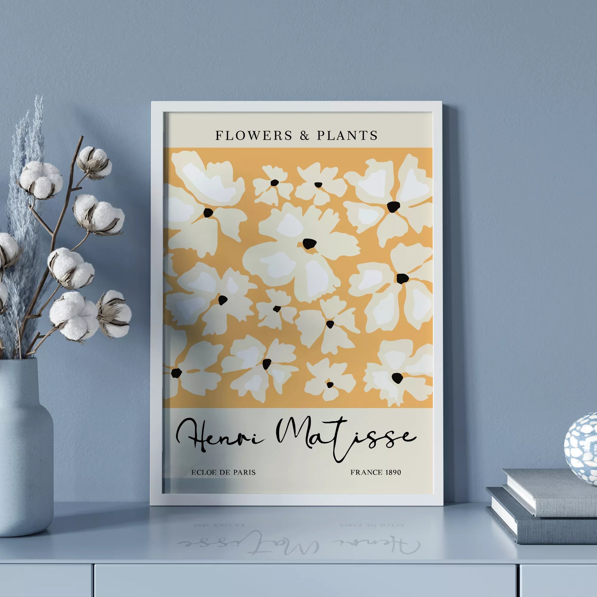 マティス風白い花柄アートプリント、オレンジ背景の北欧モダンデザイン