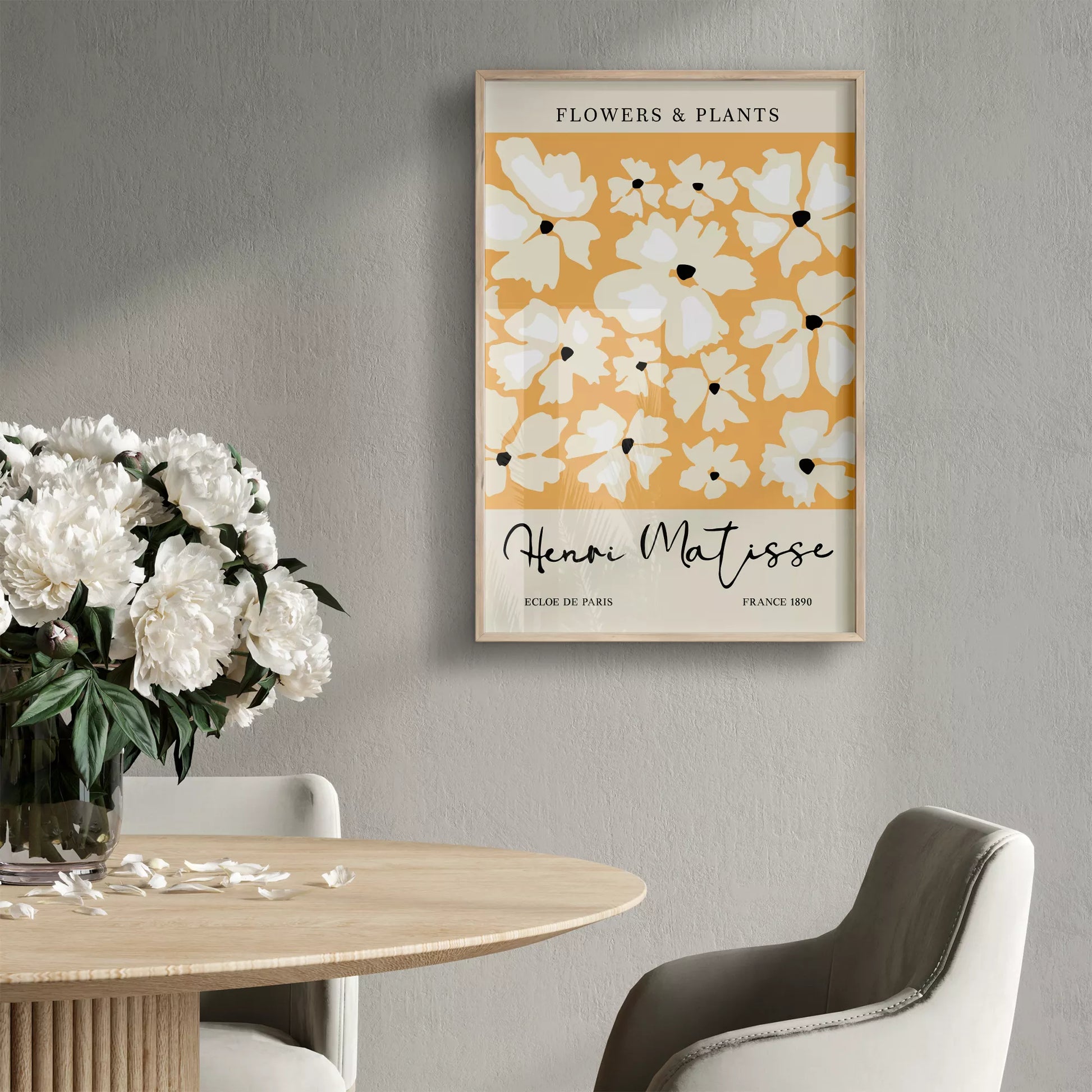 マティス風白い花柄アートプリント、オレンジ背景の北欧モダンデザイン