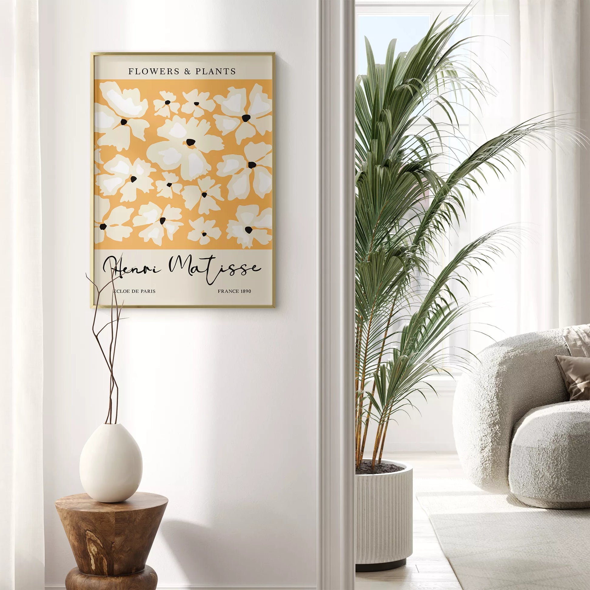 マティス風白い花柄アートプリント、オレンジ背景の北欧モダンデザイン