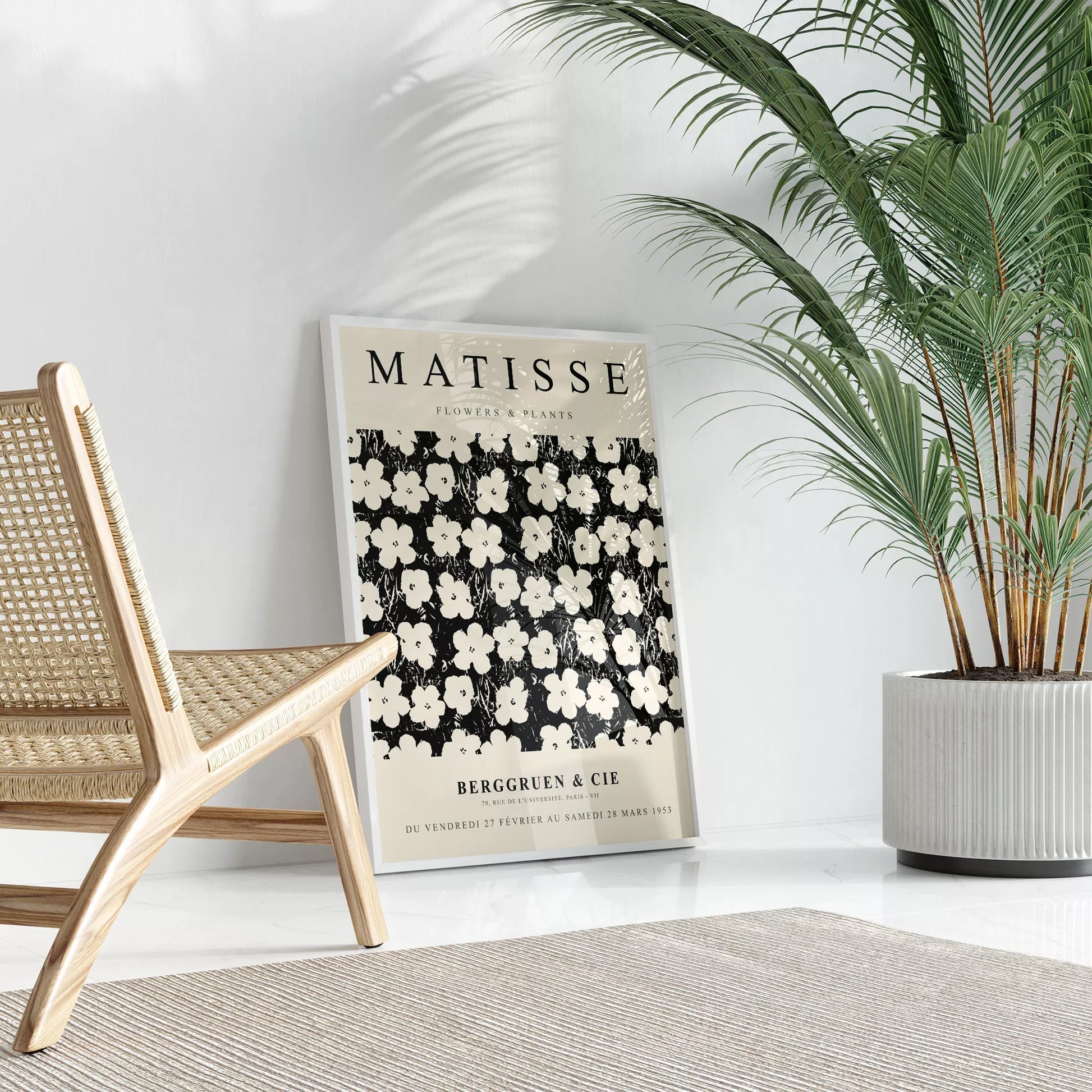マティス花と植物展のモノクロアートポスター、白い花の繰り返しパターン