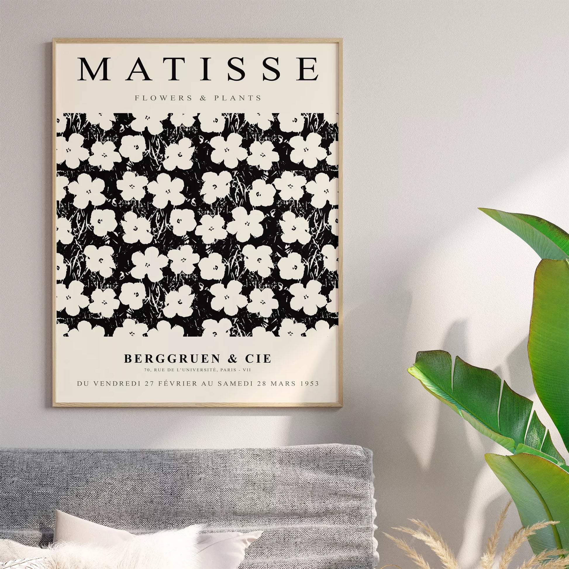 マティス花と植物展のモノクロアートポスター、白い花の繰り返しパターン