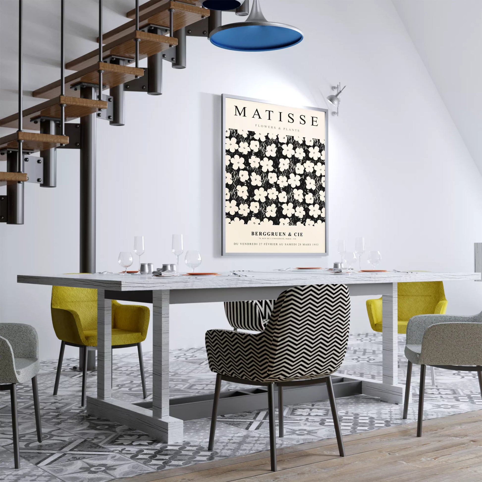 マティス花と植物展のモノクロアートポスター、白い花の繰り返しパターン