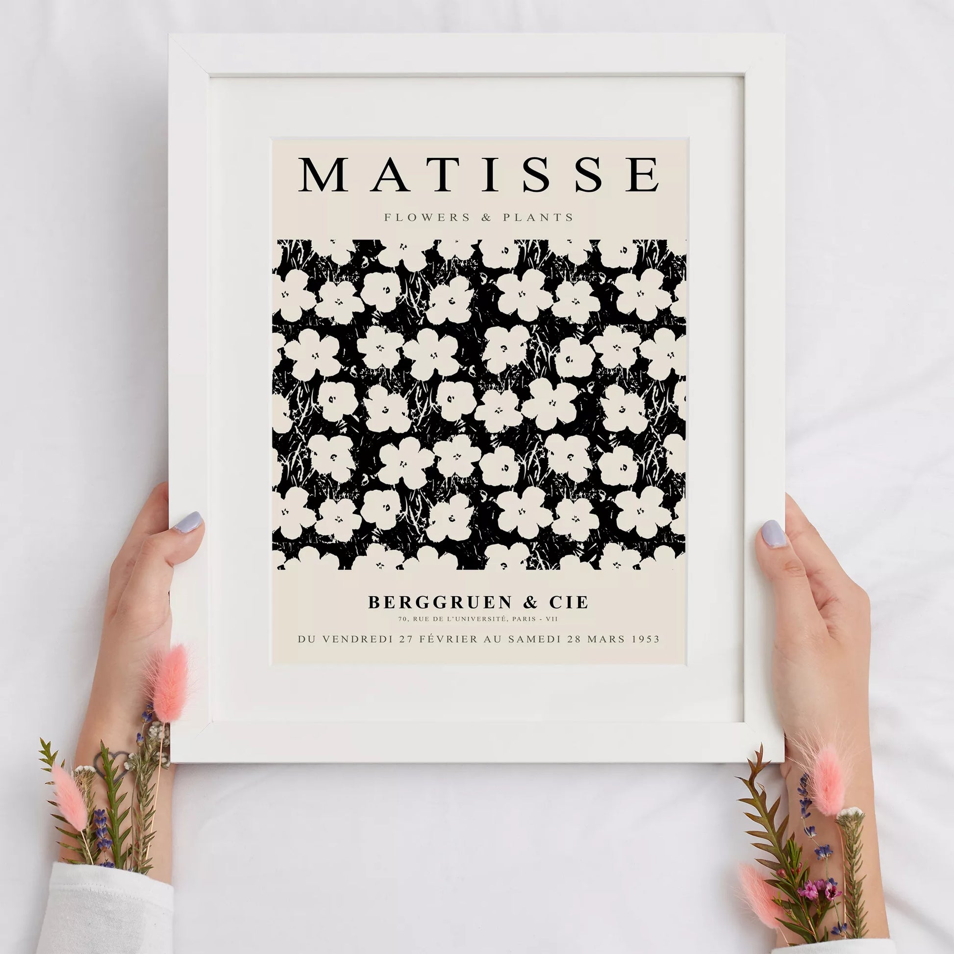 マティス花と植物展のモノクロアートポスター、白い花の繰り返しパターン