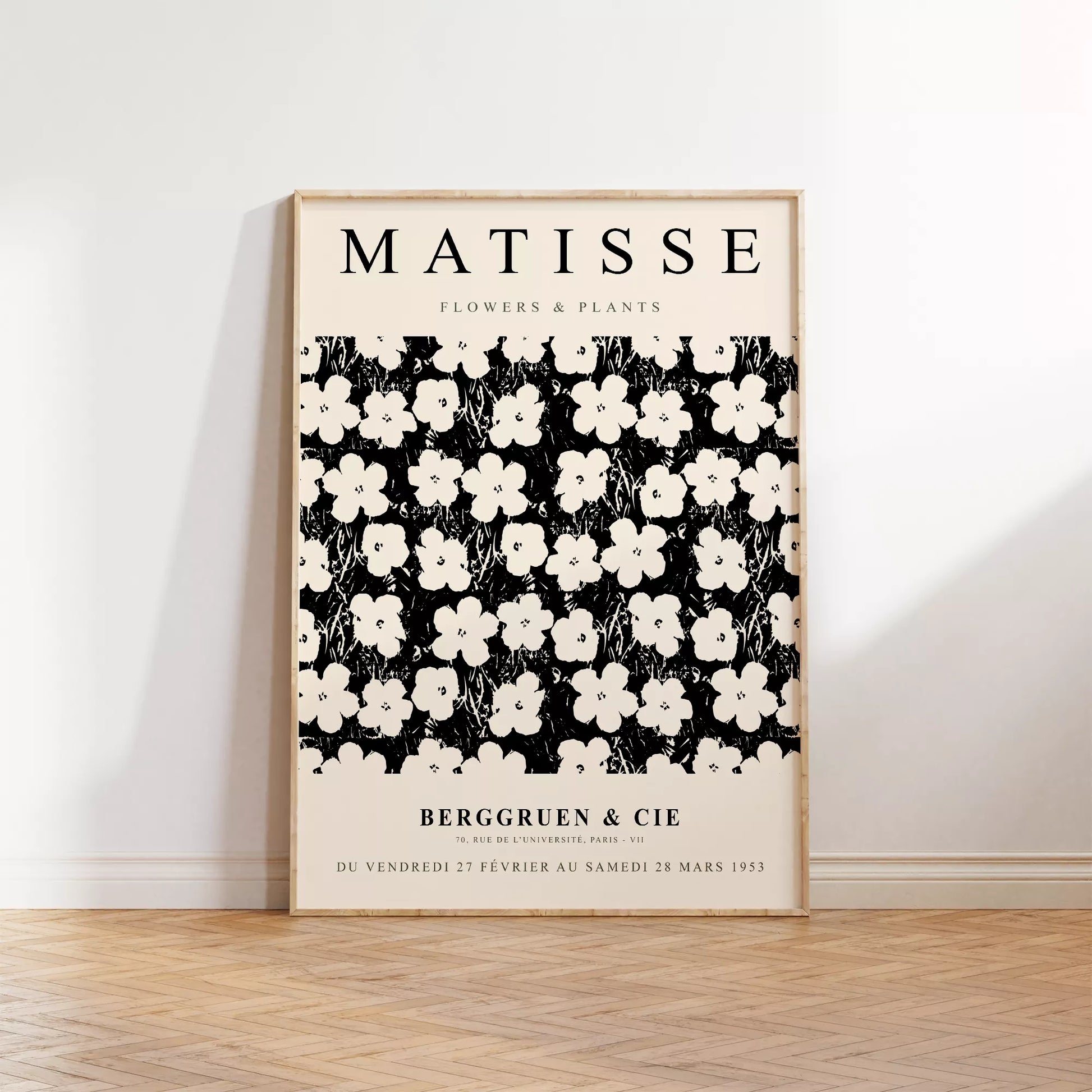 マティス花と植物展のモノクロアートポスター、白い花の繰り返しパターン