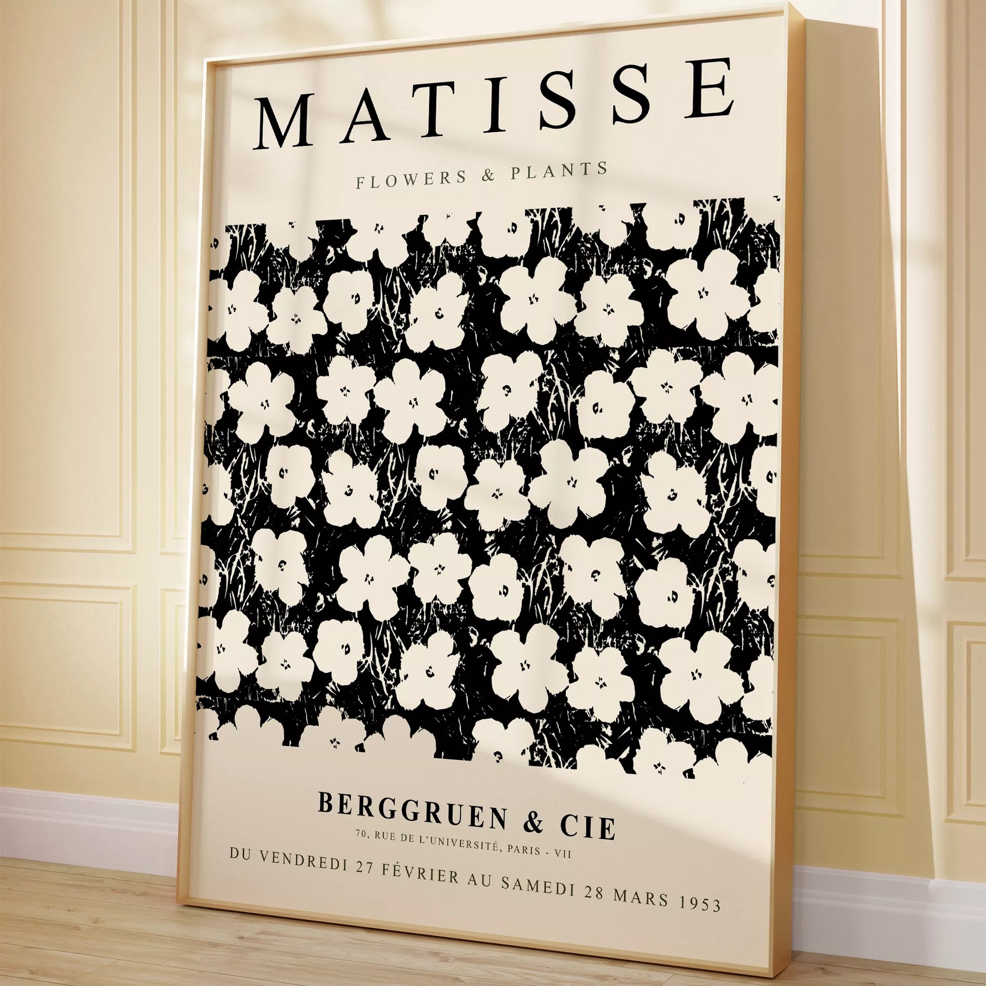マティス花と植物展のモノクロアートポスター、白い花の繰り返しパターン