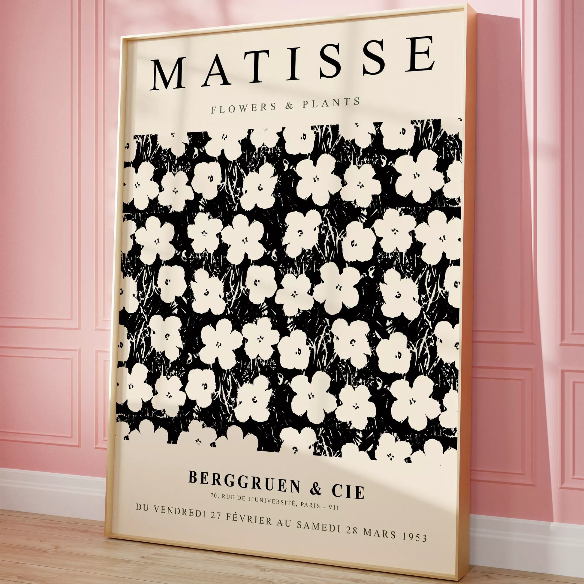 マティス花と植物展のモノクロアートポスター、白い花の繰り返しパターン