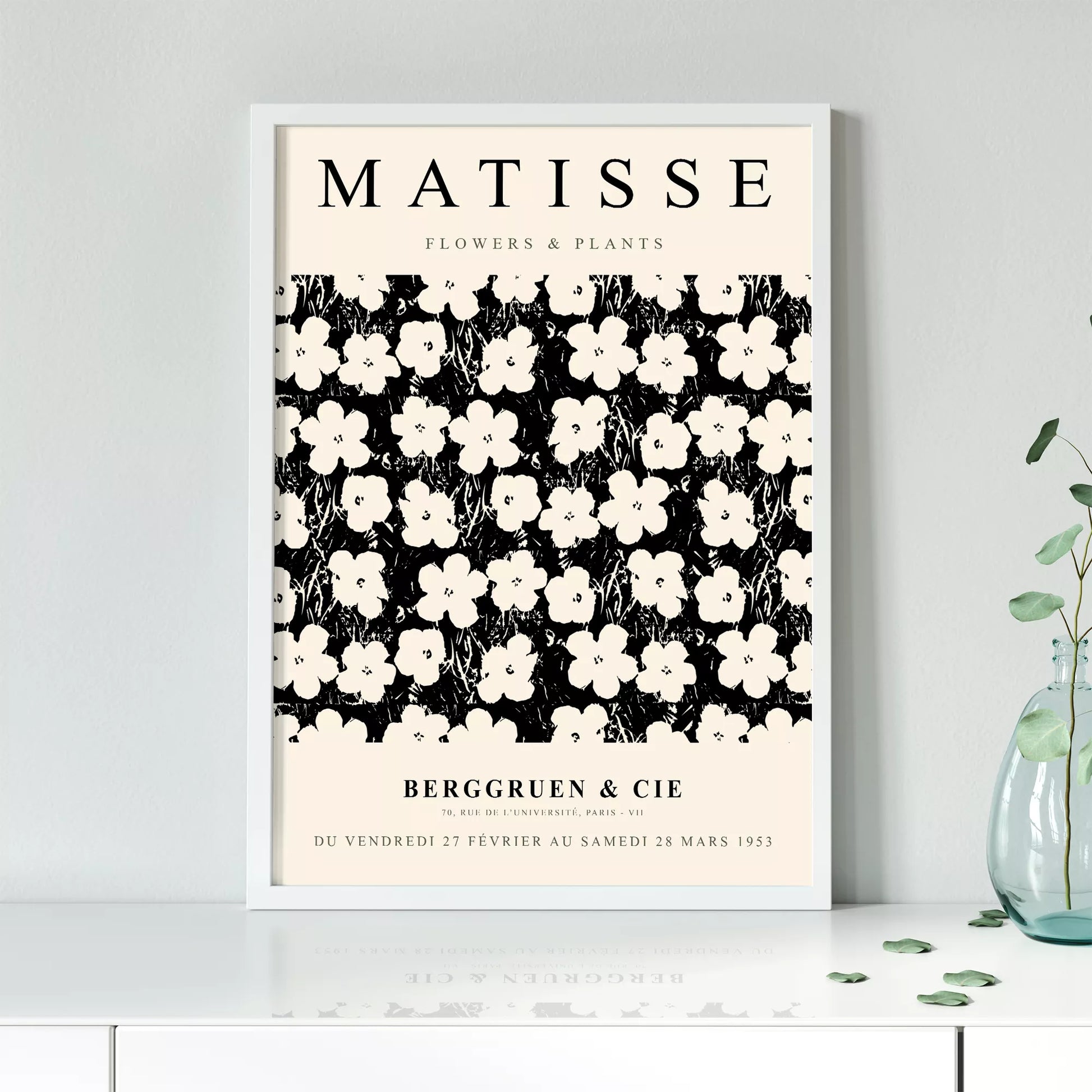 マティス花と植物展のモノクロアートポスター、白い花の繰り返しパターン