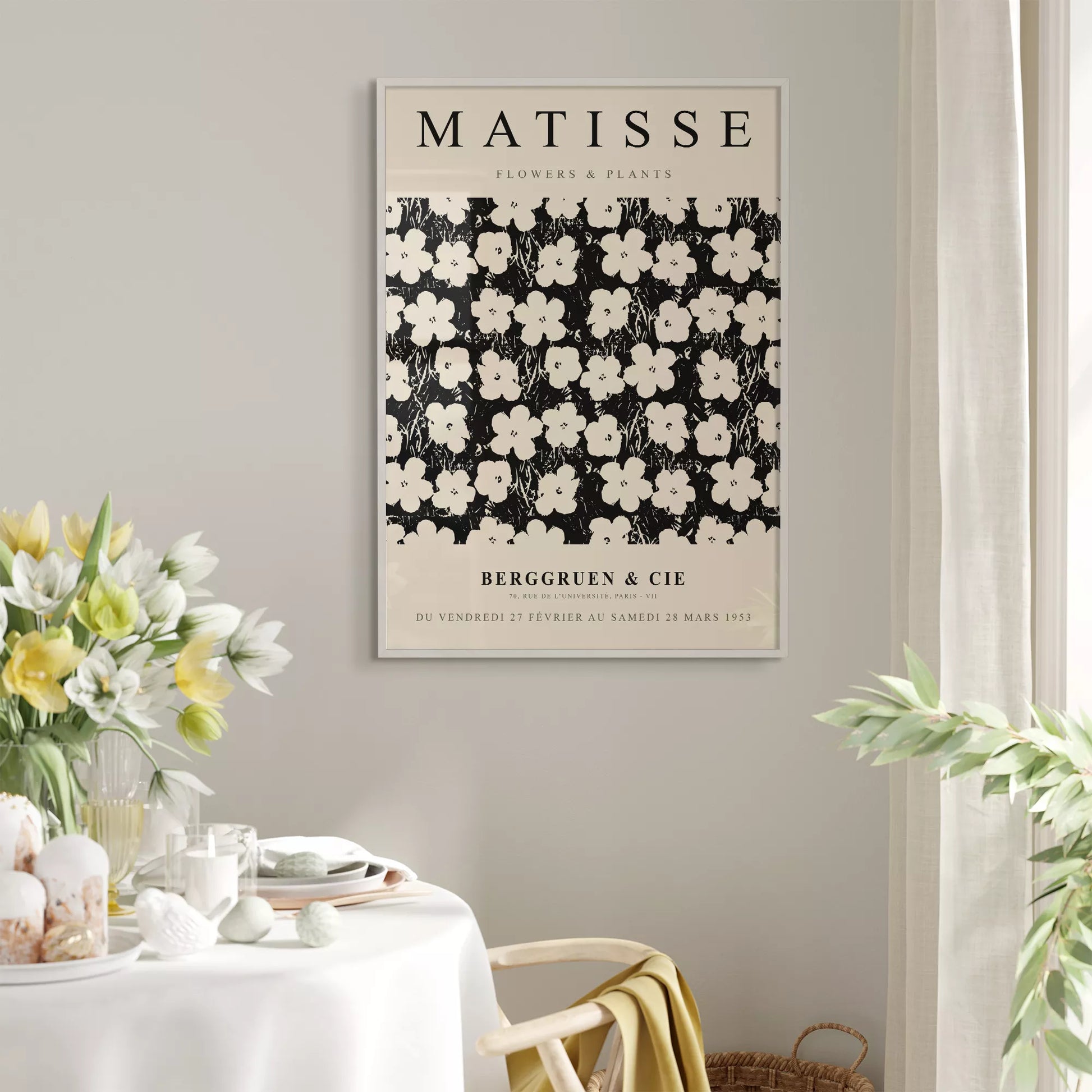 マティス花と植物展のモノクロアートポスター、白い花の繰り返しパターン