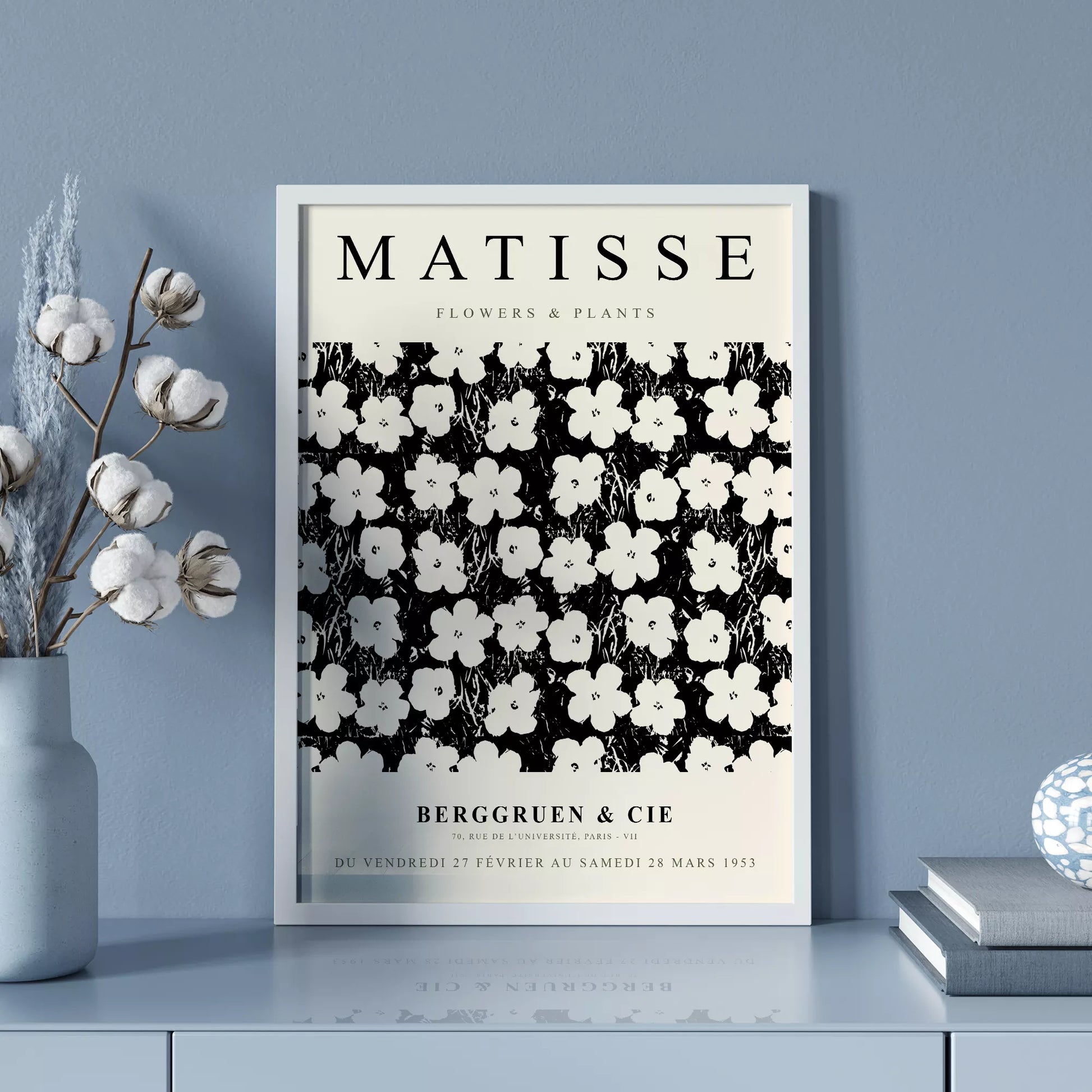 マティス花と植物展のモノクロアートポスター、白い花の繰り返しパターン