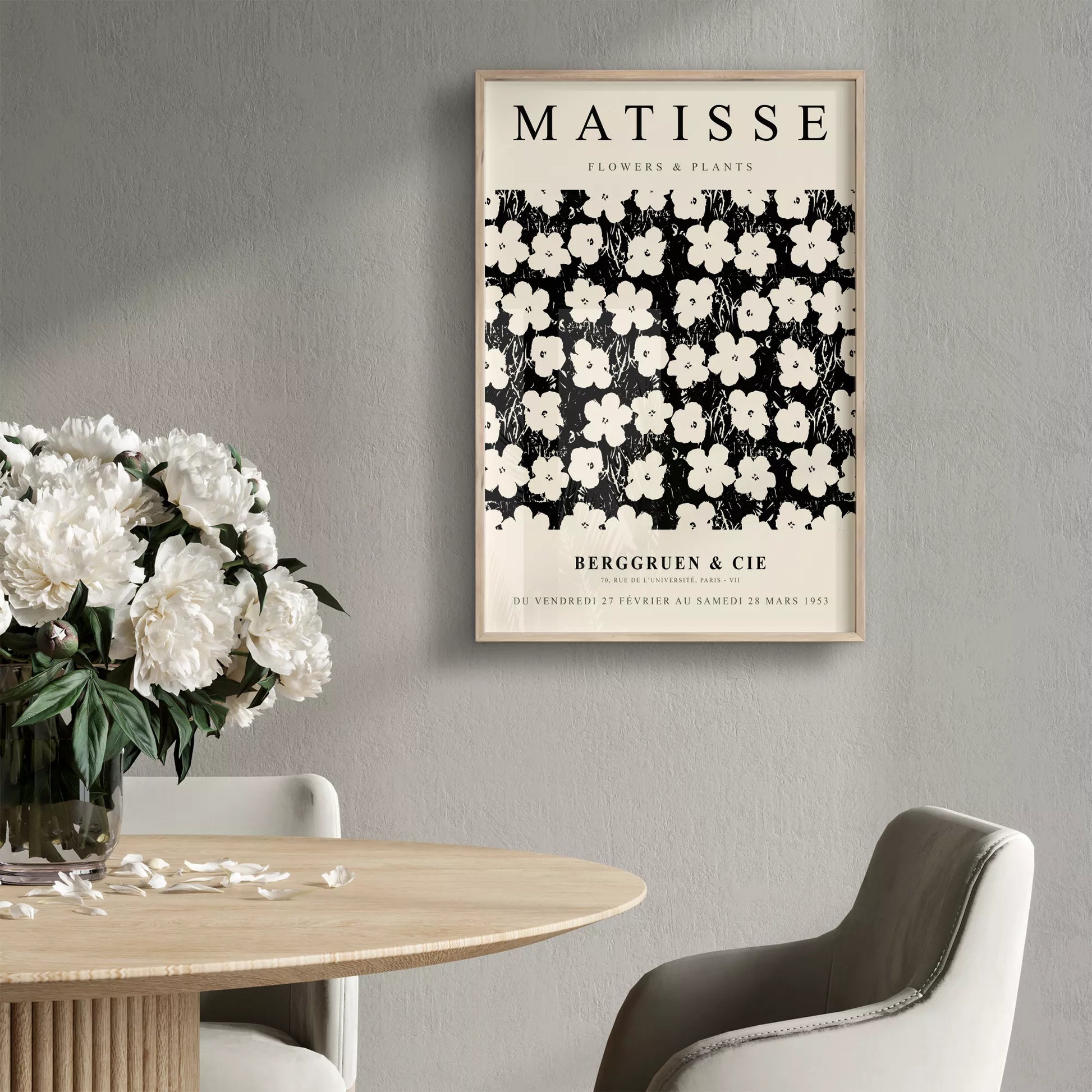 マティス花と植物展のモノクロアートポスター、白い花の繰り返しパターン