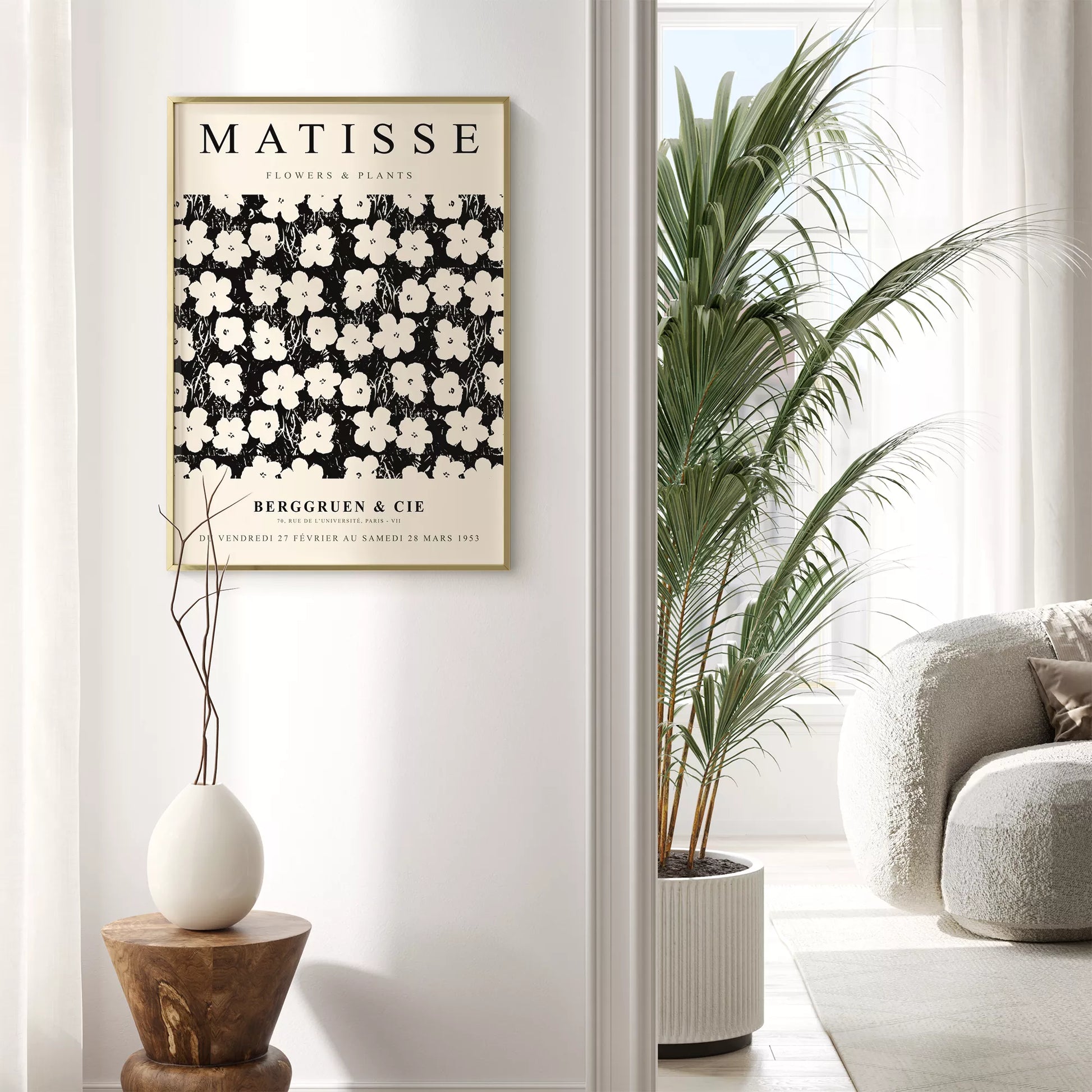 マティス花と植物展のモノクロアートポスター、白い花の繰り返しパターン