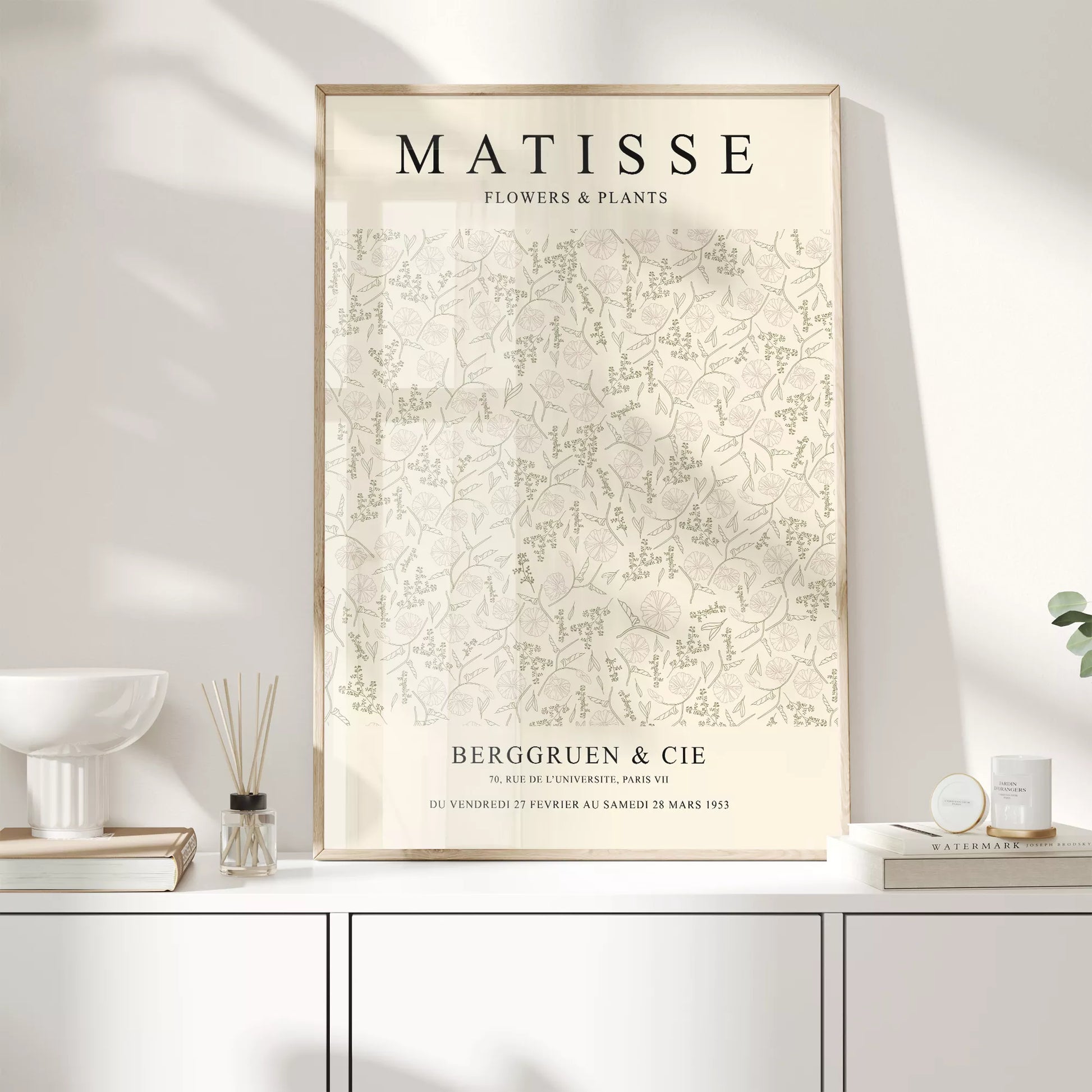 マティスの植物と花の展覧会ポスター、1953年パリ開催、クリーム色の背景に繊細な植物の線画デザインが特徴的なヴィンテージポスター