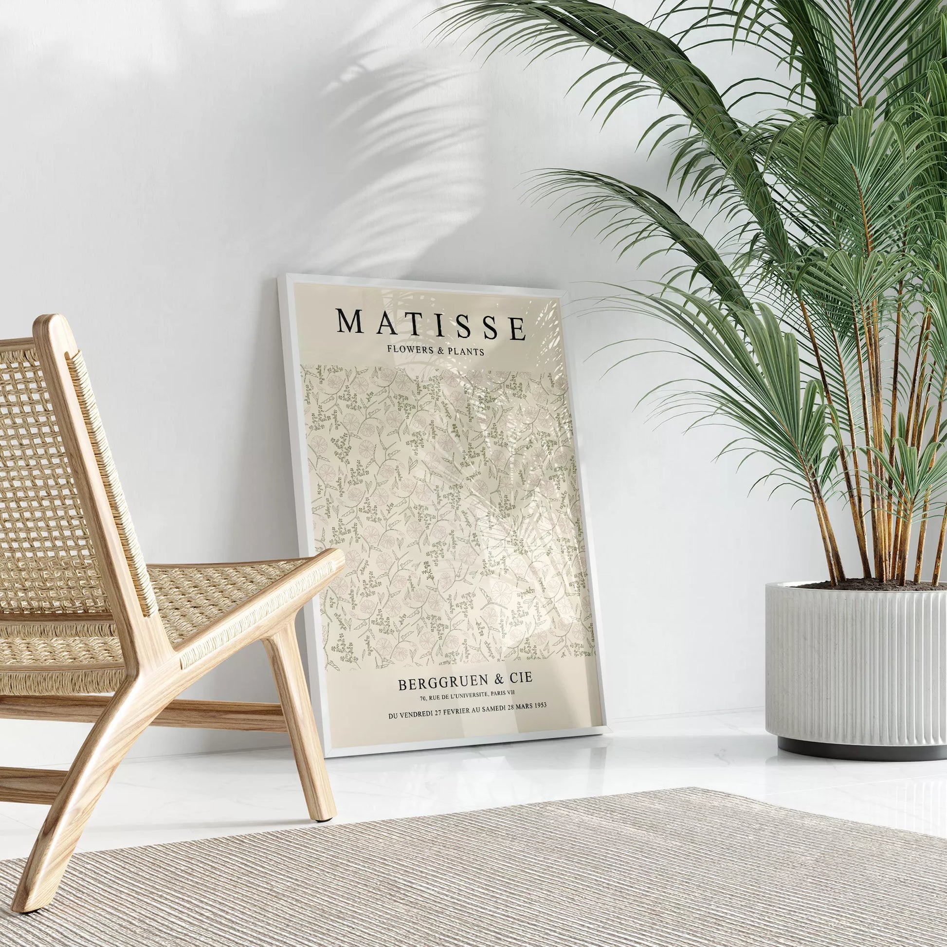 マティスの植物と花の展覧会ポスター、1953年パリ開催、クリーム色の背景に繊細な植物の線画デザインが特徴的なヴィンテージポスター