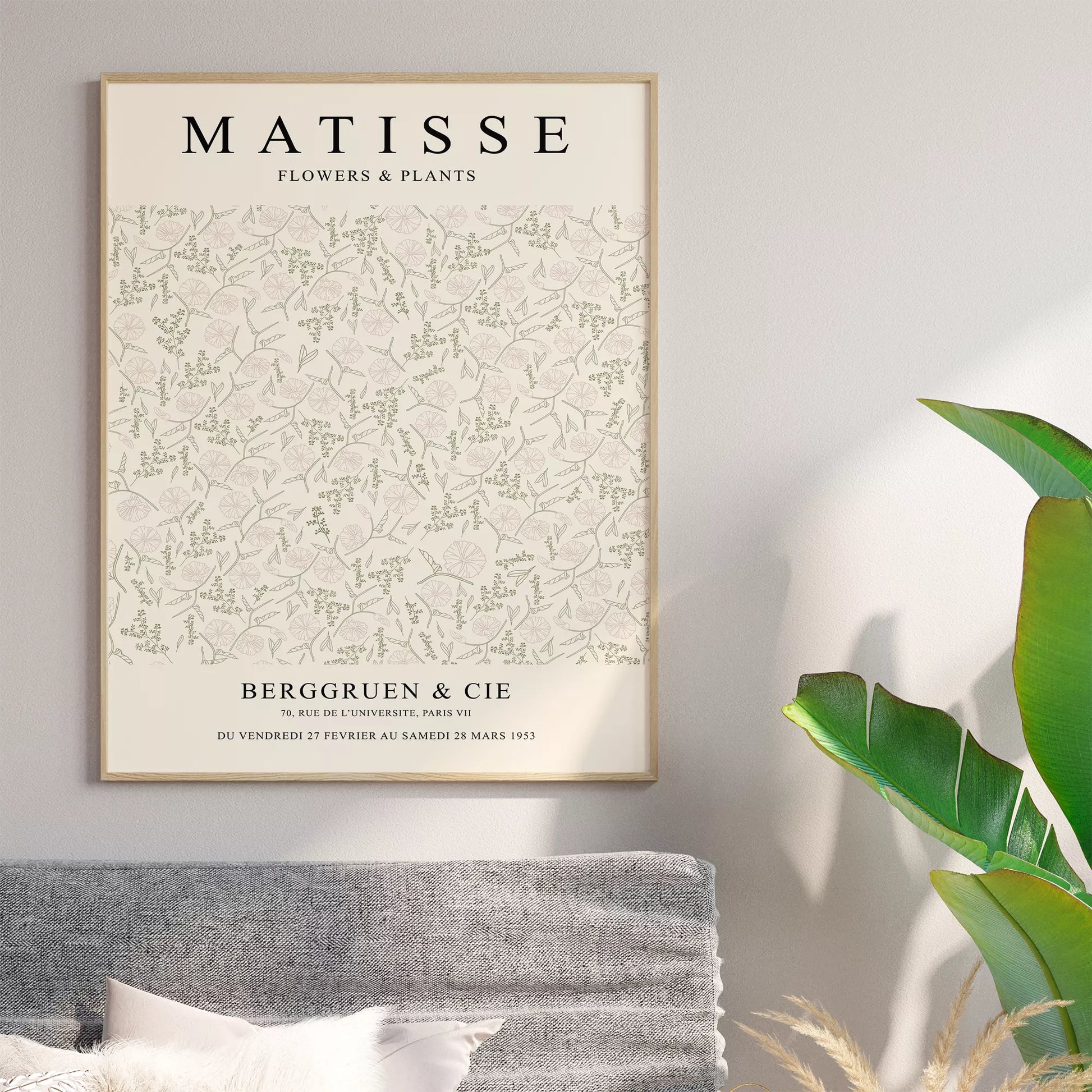 マティスの植物と花の展覧会ポスター、1953年パリ開催、クリーム色の背景に繊細な植物の線画デザインが特徴的なヴィンテージポスター
