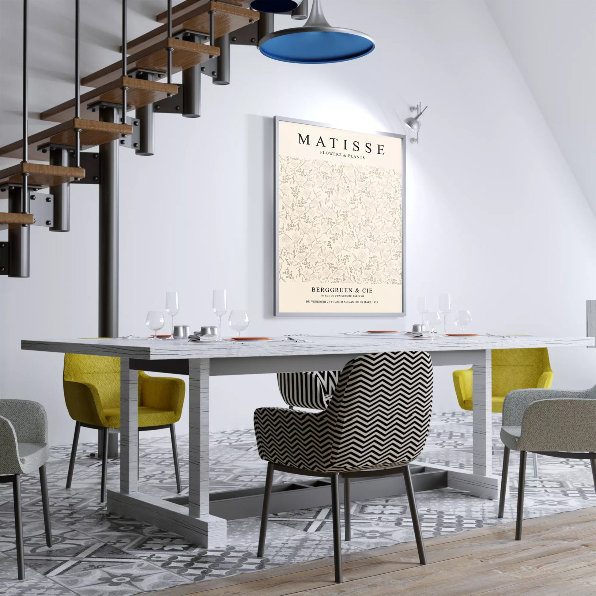 マティスの植物と花の展覧会ポスター、1953年パリ開催、クリーム色の背景に繊細な植物の線画デザインが特徴的なヴィンテージポスター