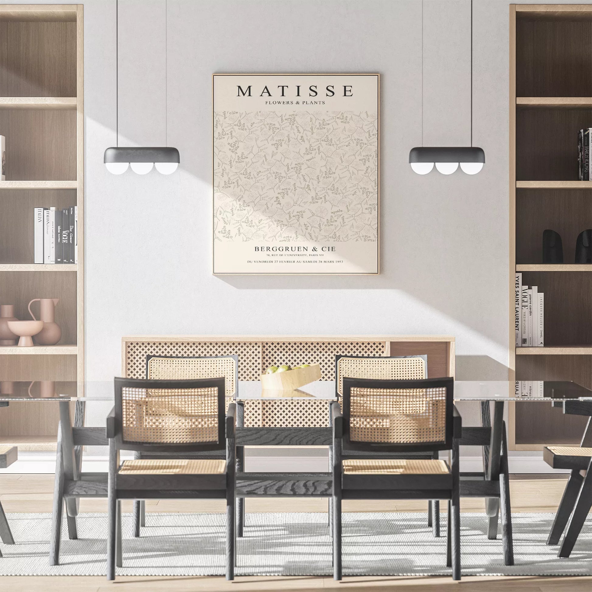 マティスの植物と花の展覧会ポスター、1953年パリ開催、クリーム色の背景に繊細な植物の線画デザインが特徴的なヴィンテージポスター