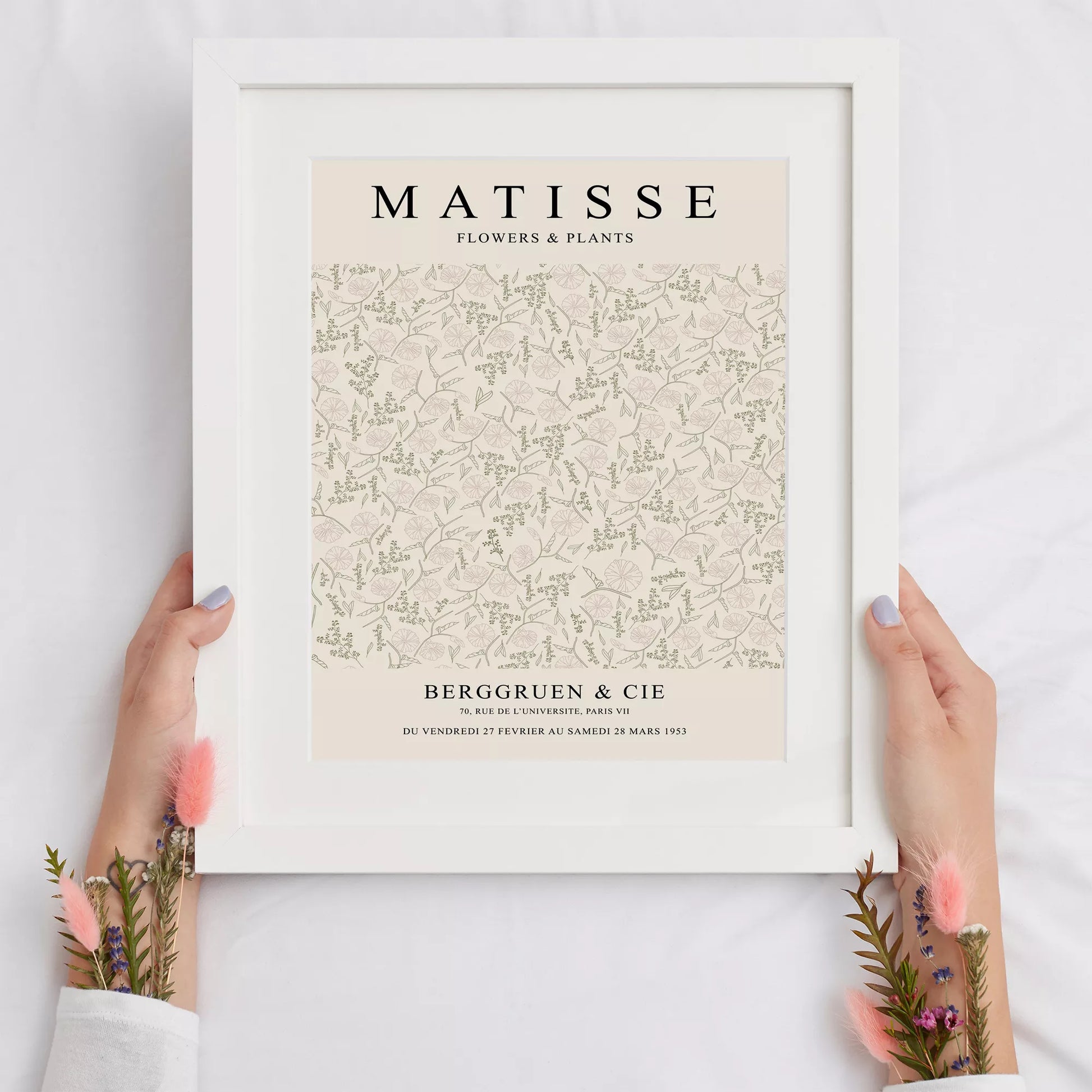 マティスの植物と花の展覧会ポスター、1953年パリ開催、クリーム色の背景に繊細な植物の線画デザインが特徴的なヴィンテージポスター