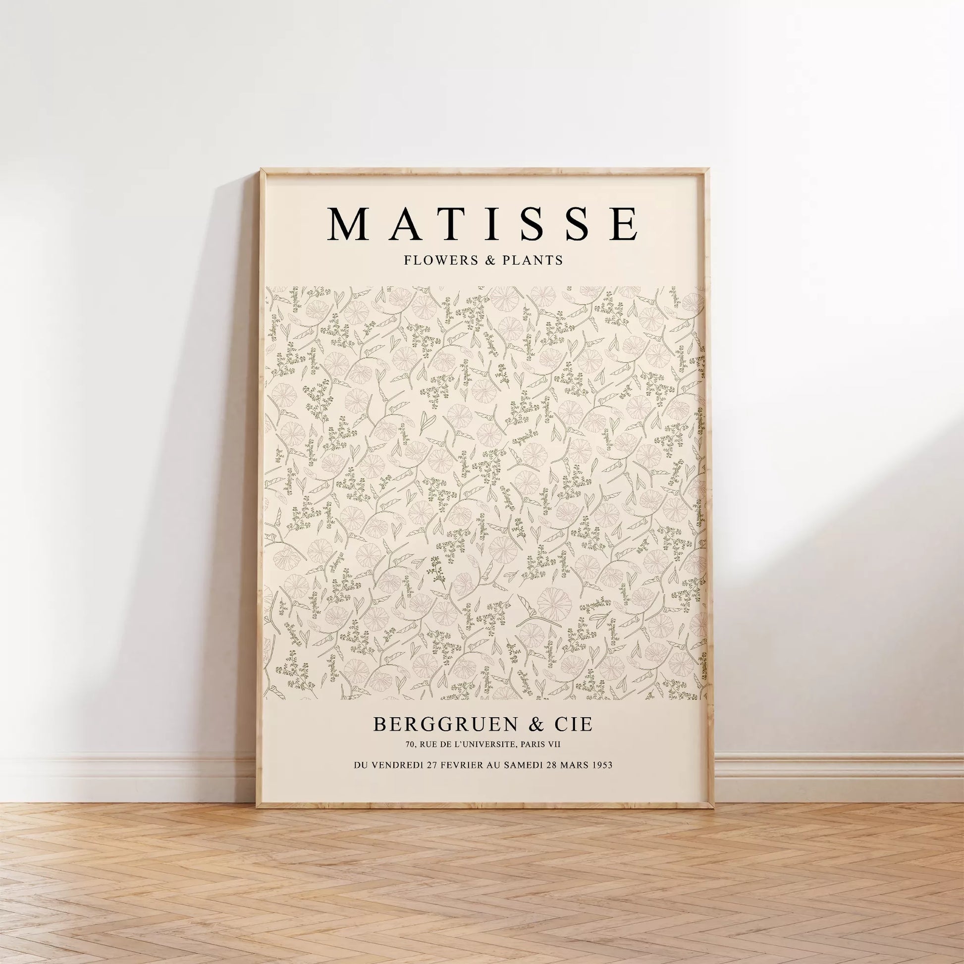 マティスの植物と花の展覧会ポスター、1953年パリ開催、クリーム色の背景に繊細な植物の線画デザインが特徴的なヴィンテージポスター