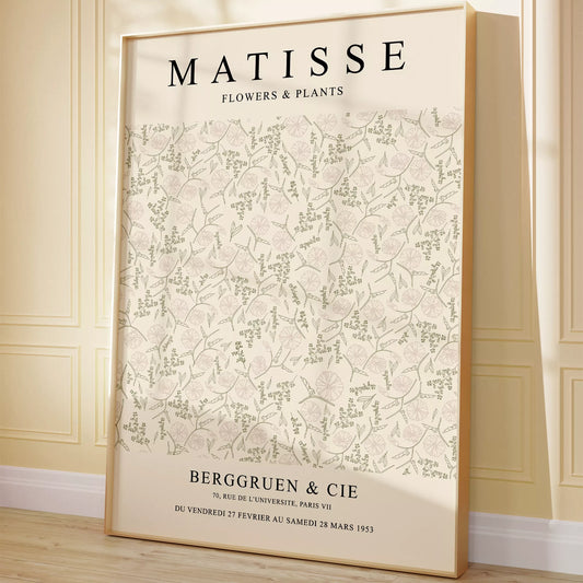 マティスの植物と花の展覧会ポスター、1953年パリ開催、クリーム色の背景に繊細な植物の線画デザインが特徴的なヴィンテージポスター