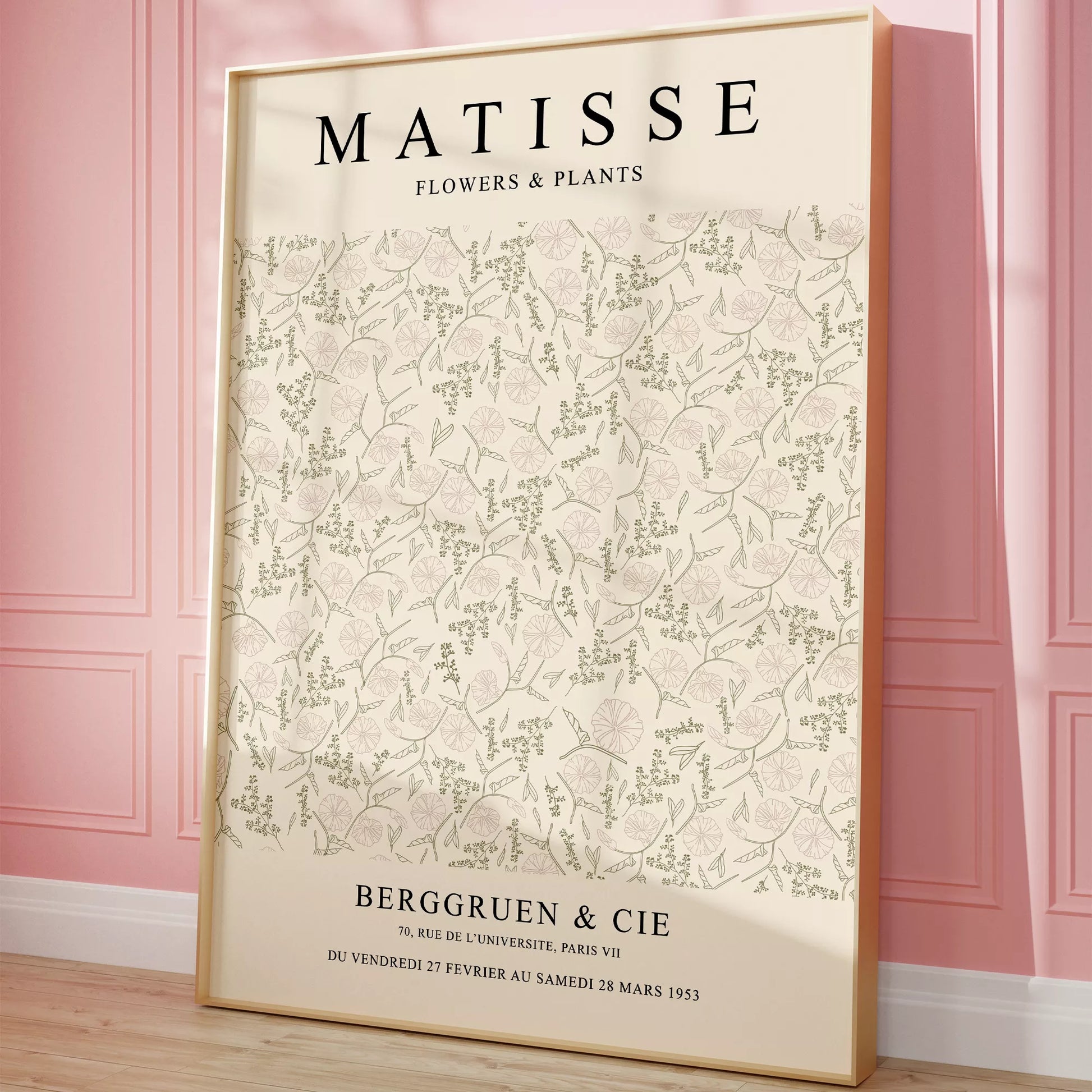 マティスの植物と花の展覧会ポスター、1953年パリ開催、クリーム色の背景に繊細な植物の線画デザインが特徴的なヴィンテージポスター