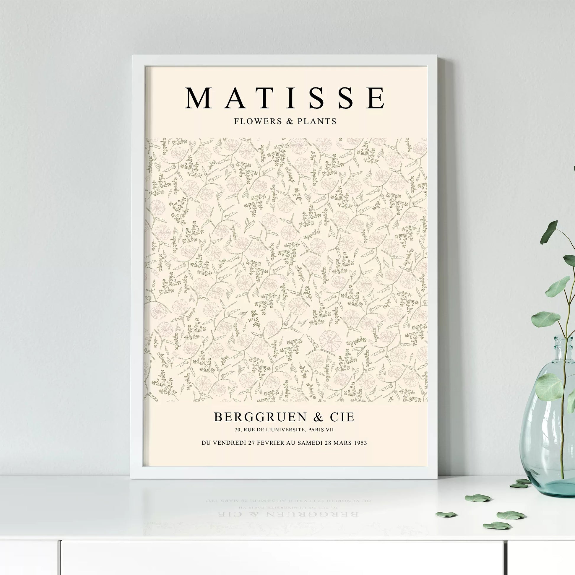 マティスの植物と花の展覧会ポスター、1953年パリ開催、クリーム色の背景に繊細な植物の線画デザインが特徴的なヴィンテージポスター