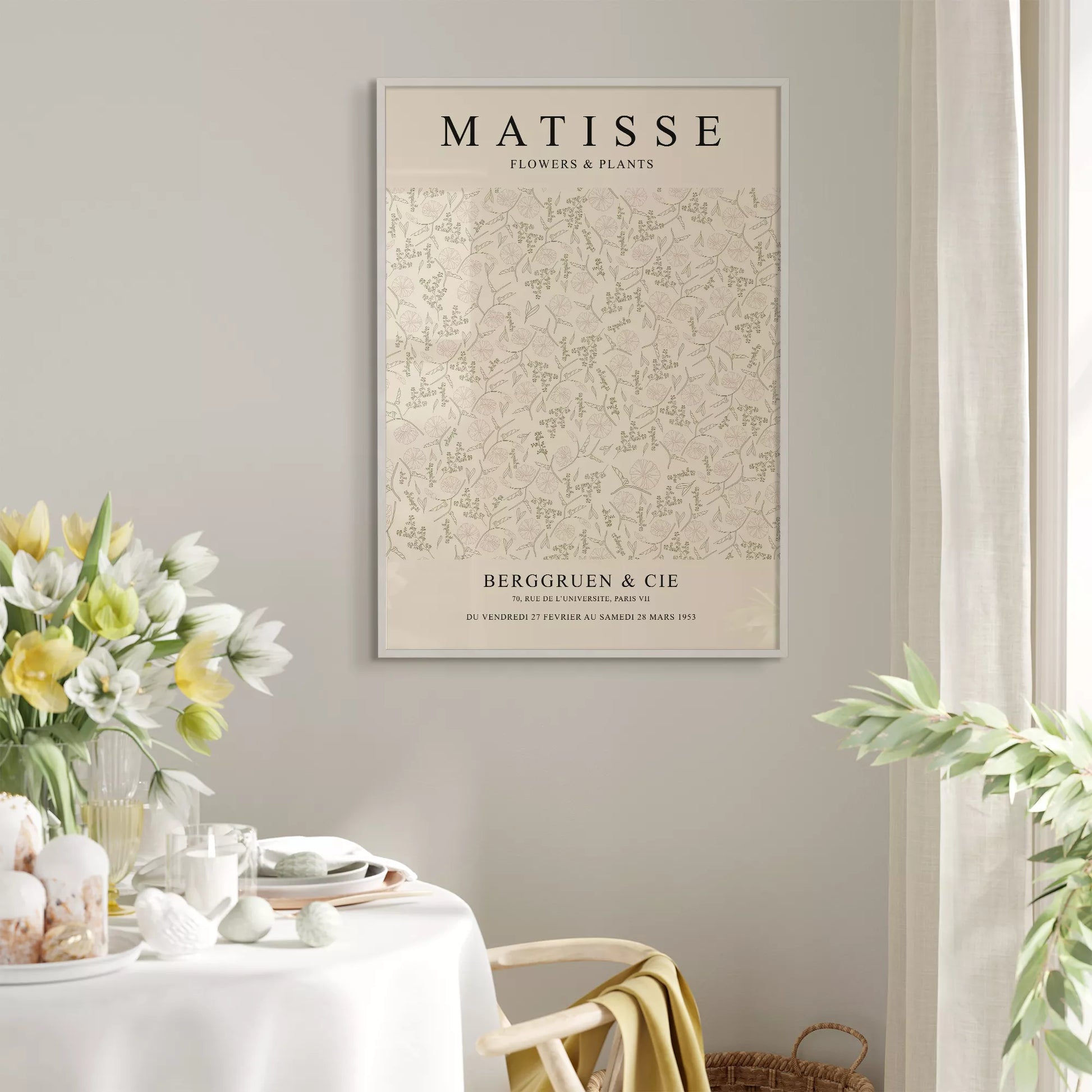 マティスの植物と花の展覧会ポスター、1953年パリ開催、クリーム色の背景に繊細な植物の線画デザインが特徴的なヴィンテージポスター