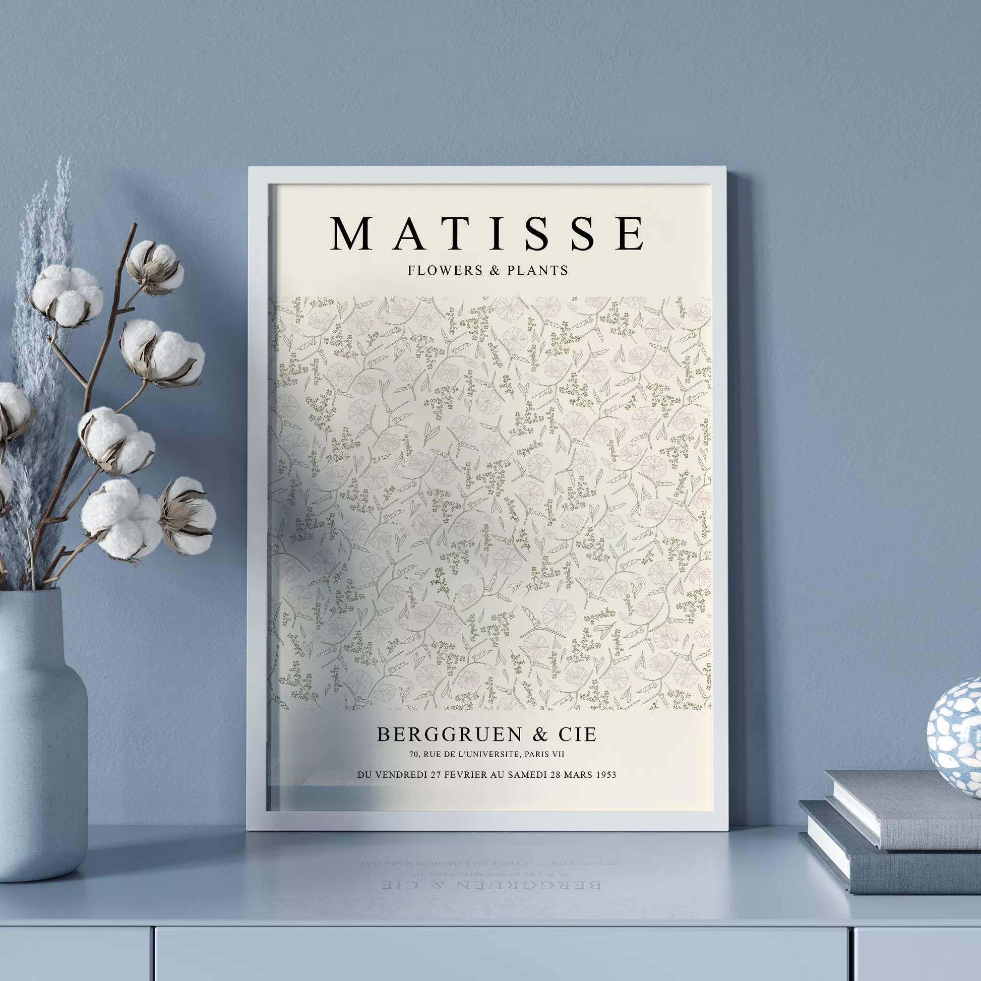 マティスの植物と花の展覧会ポスター、1953年パリ開催、クリーム色の背景に繊細な植物の線画デザインが特徴的なヴィンテージポスター