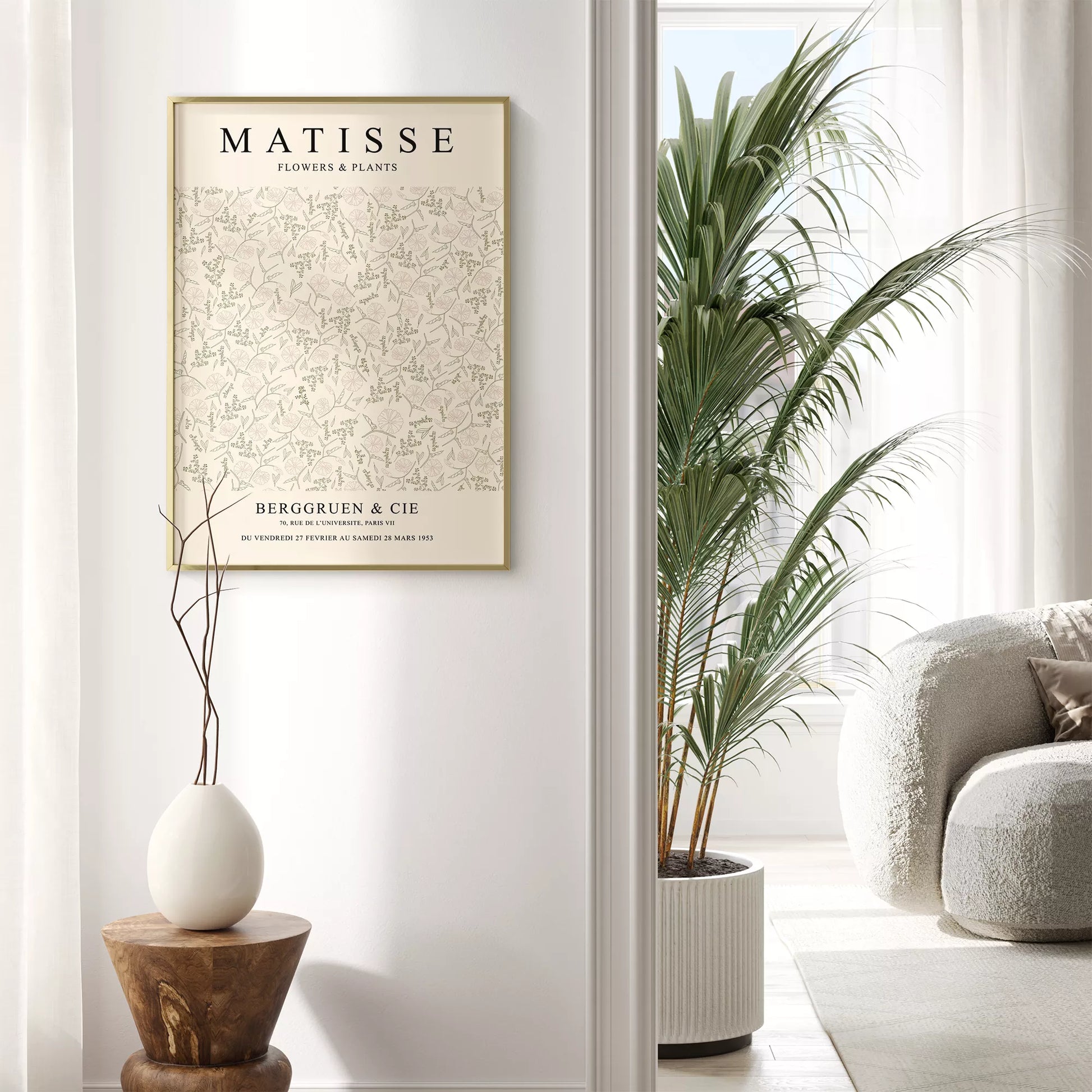 マティスの植物と花の展覧会ポスター、1953年パリ開催、クリーム色の背景に繊細な植物の線画デザインが特徴的なヴィンテージポスター